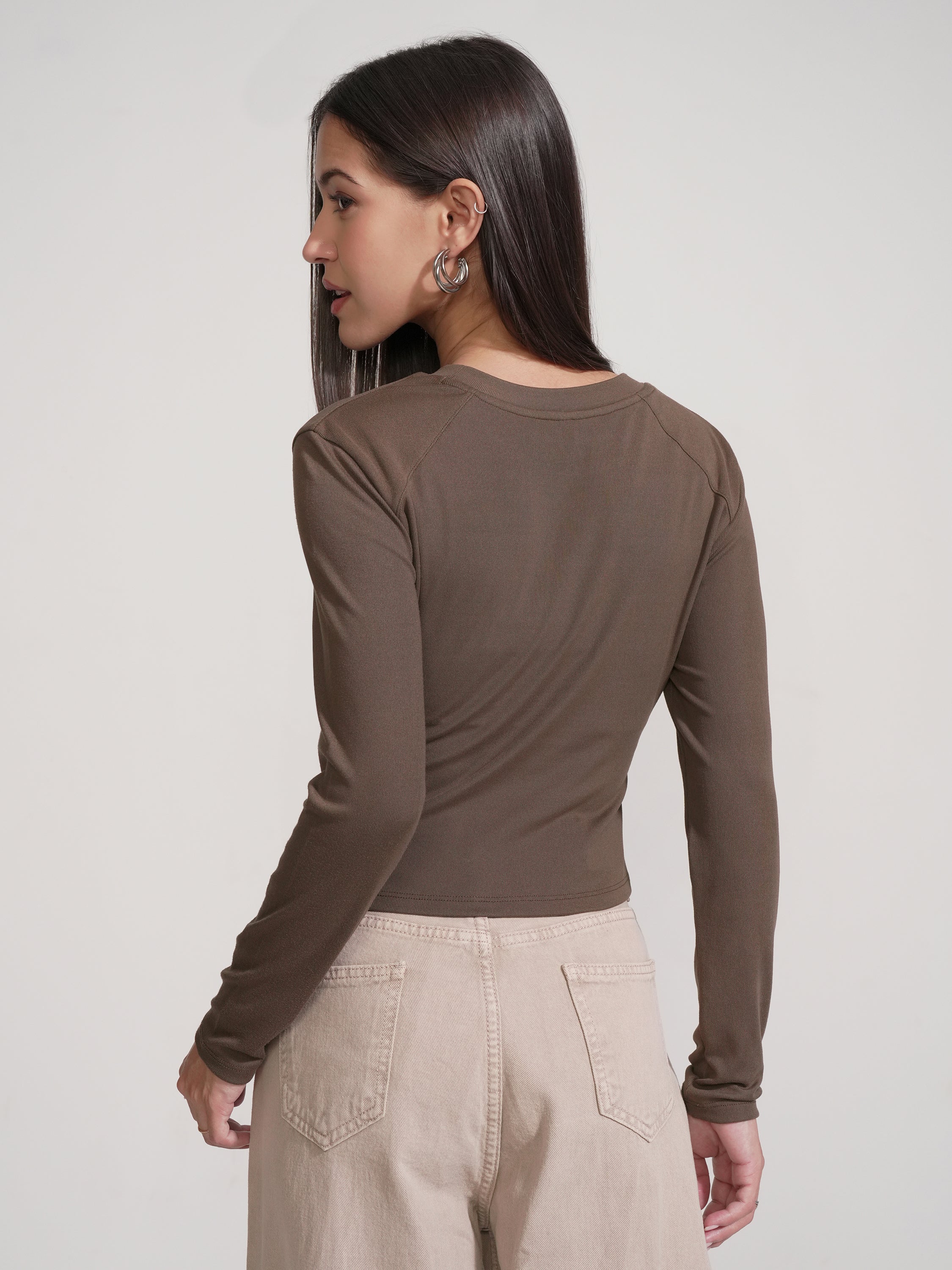Tokyo Talkies Women Brown Solid Round Neck T-Shirt - Brown - Image 3