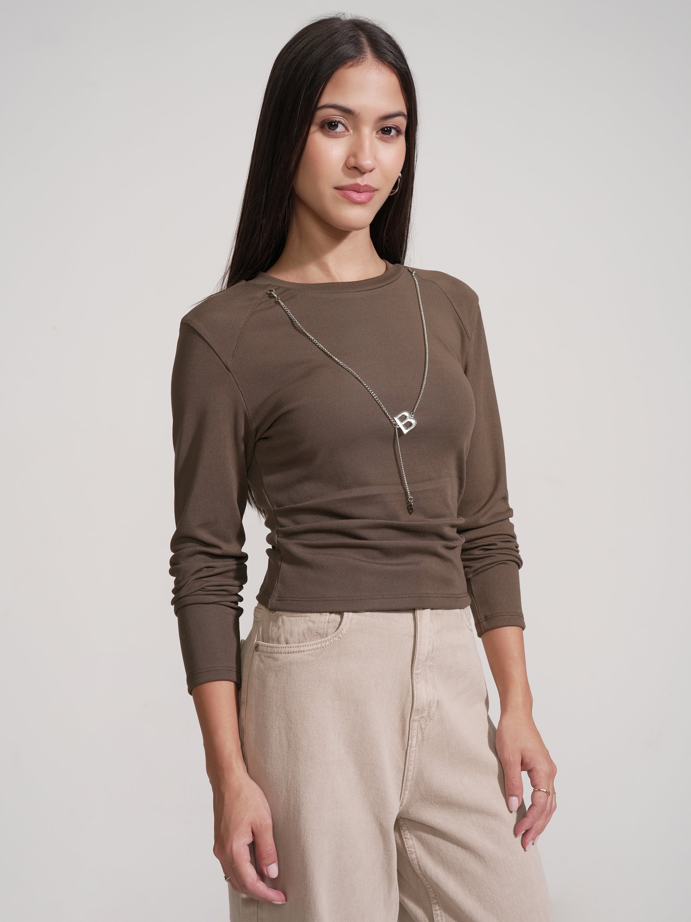 Tokyo Talkies Women Brown Solid Round Neck T-Shirt - Brown - Image 6