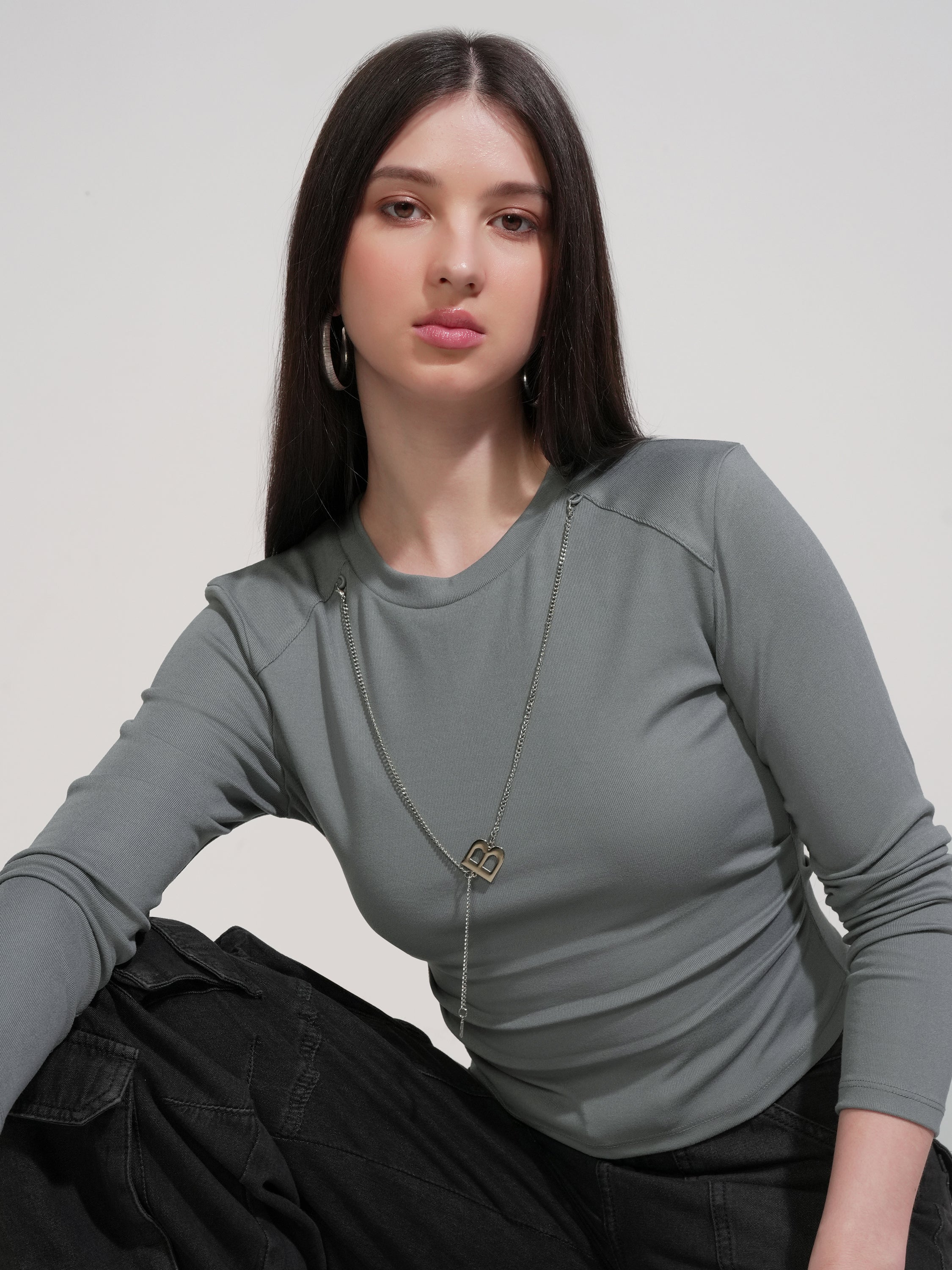 Tokyo Talkies Women Grey Solid Round Neck T-Shirt - Grey - Image 1