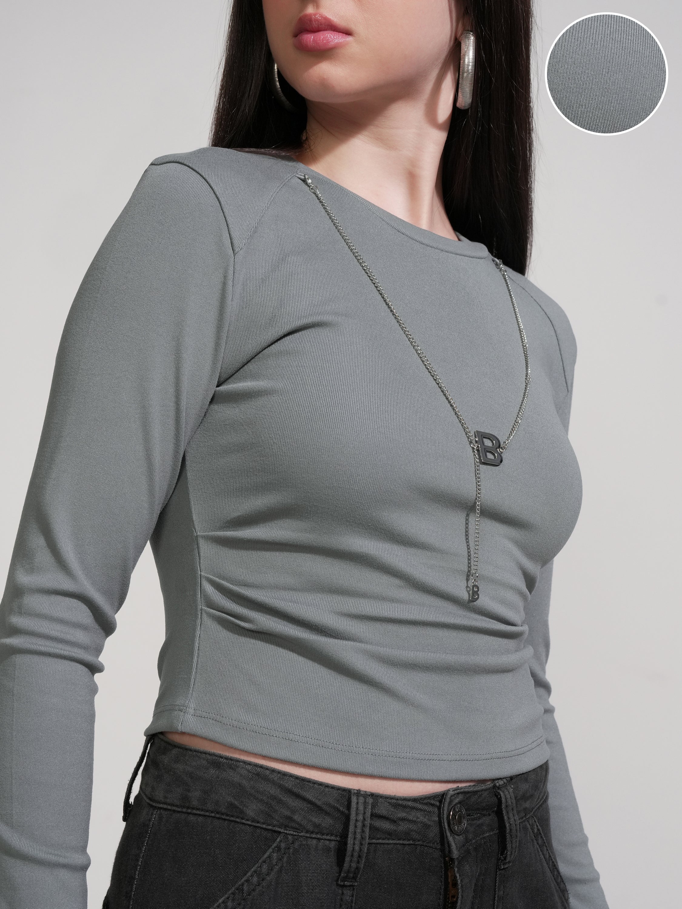 Tokyo Talkies Women Grey Solid Round Neck T-Shirt - Grey - Image 5
