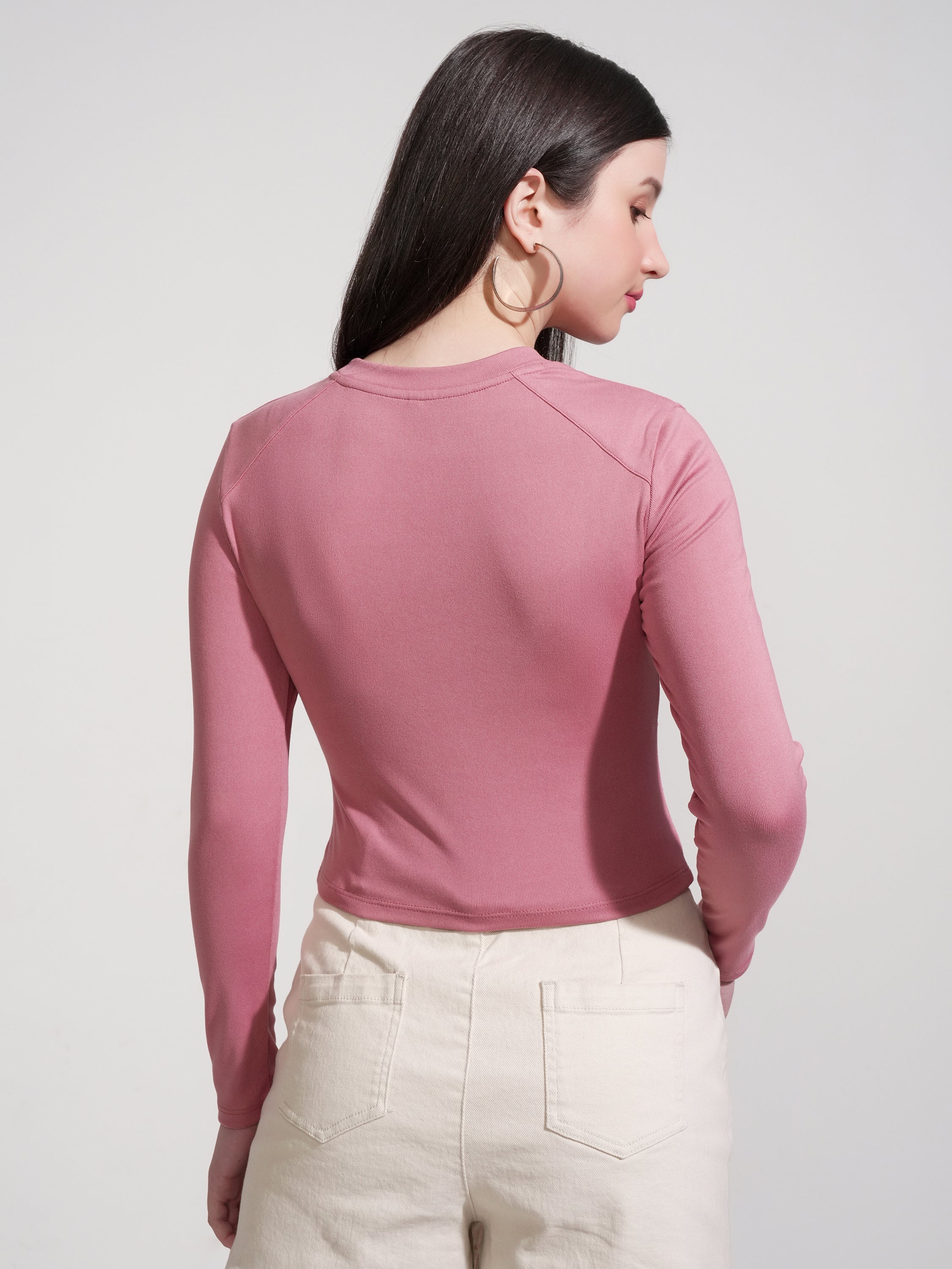 Tokyo Talkies Women Pink Solid Round Neck T-Shirt - Pink - Image 3