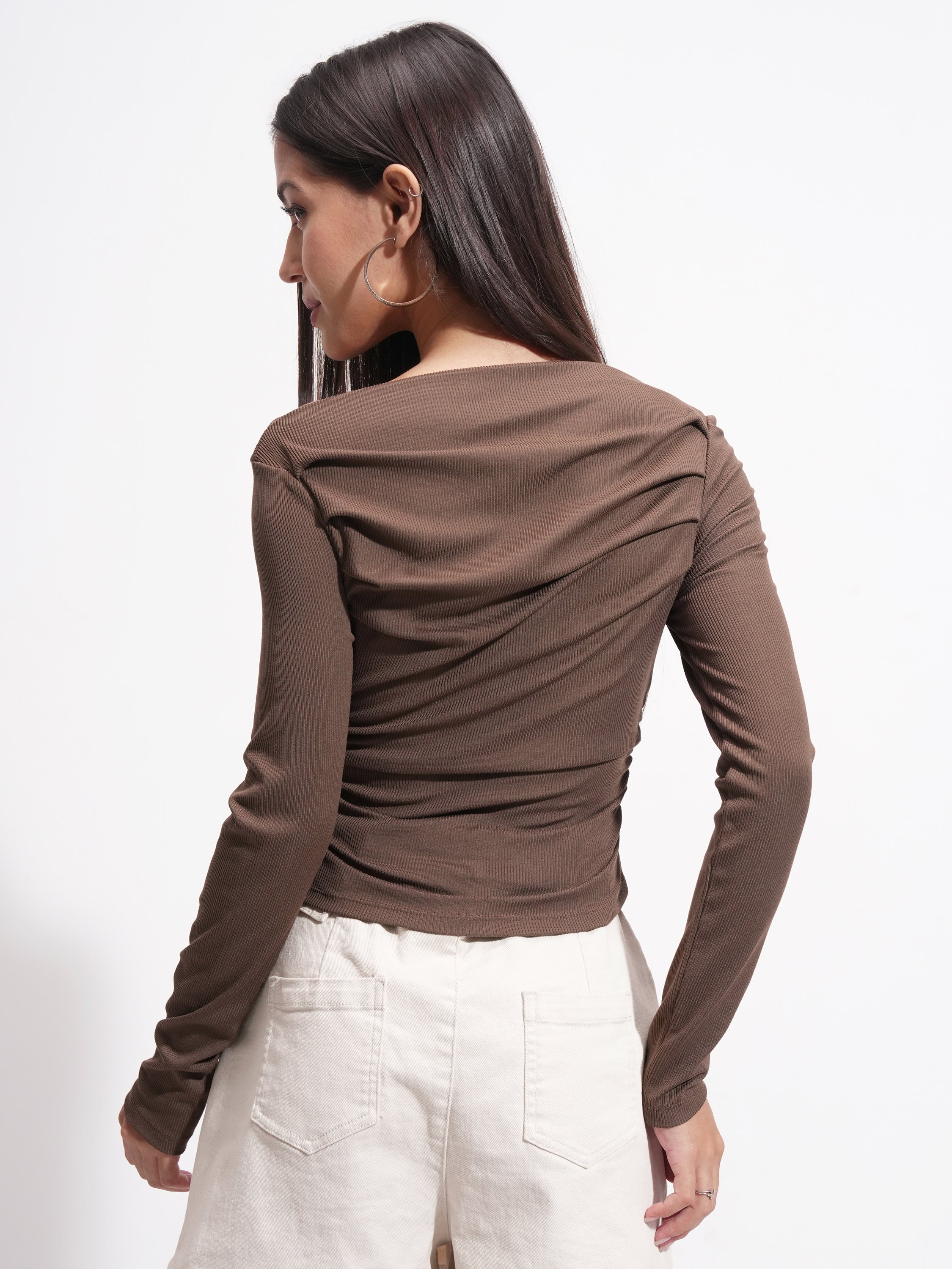 Tokyo Talkies Women Brown Solid Boat Neck T-Shirt - Brown - Image 3