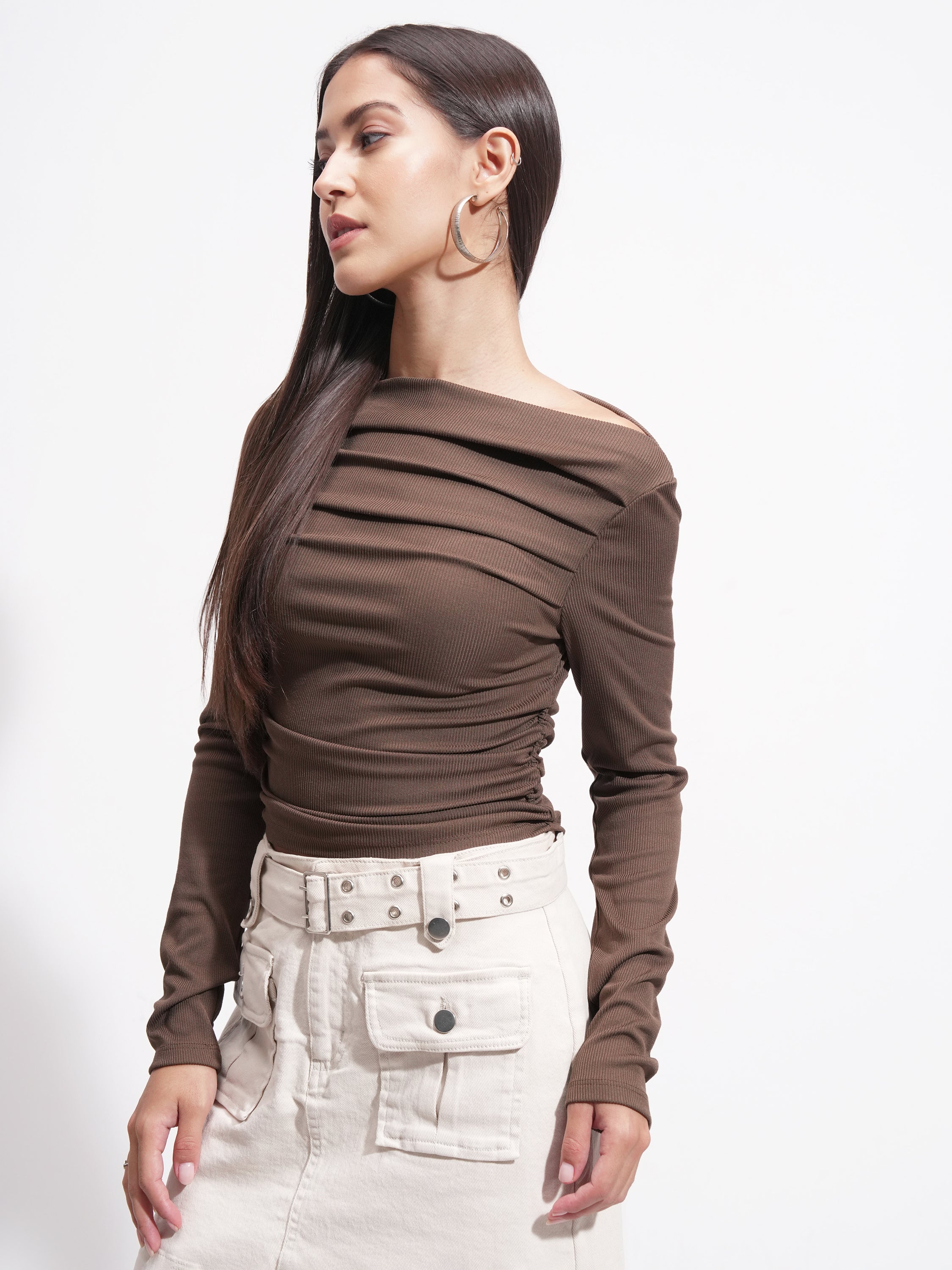 Tokyo Talkies Women Brown Solid Boat Neck T-Shirt - Brown - Image 4