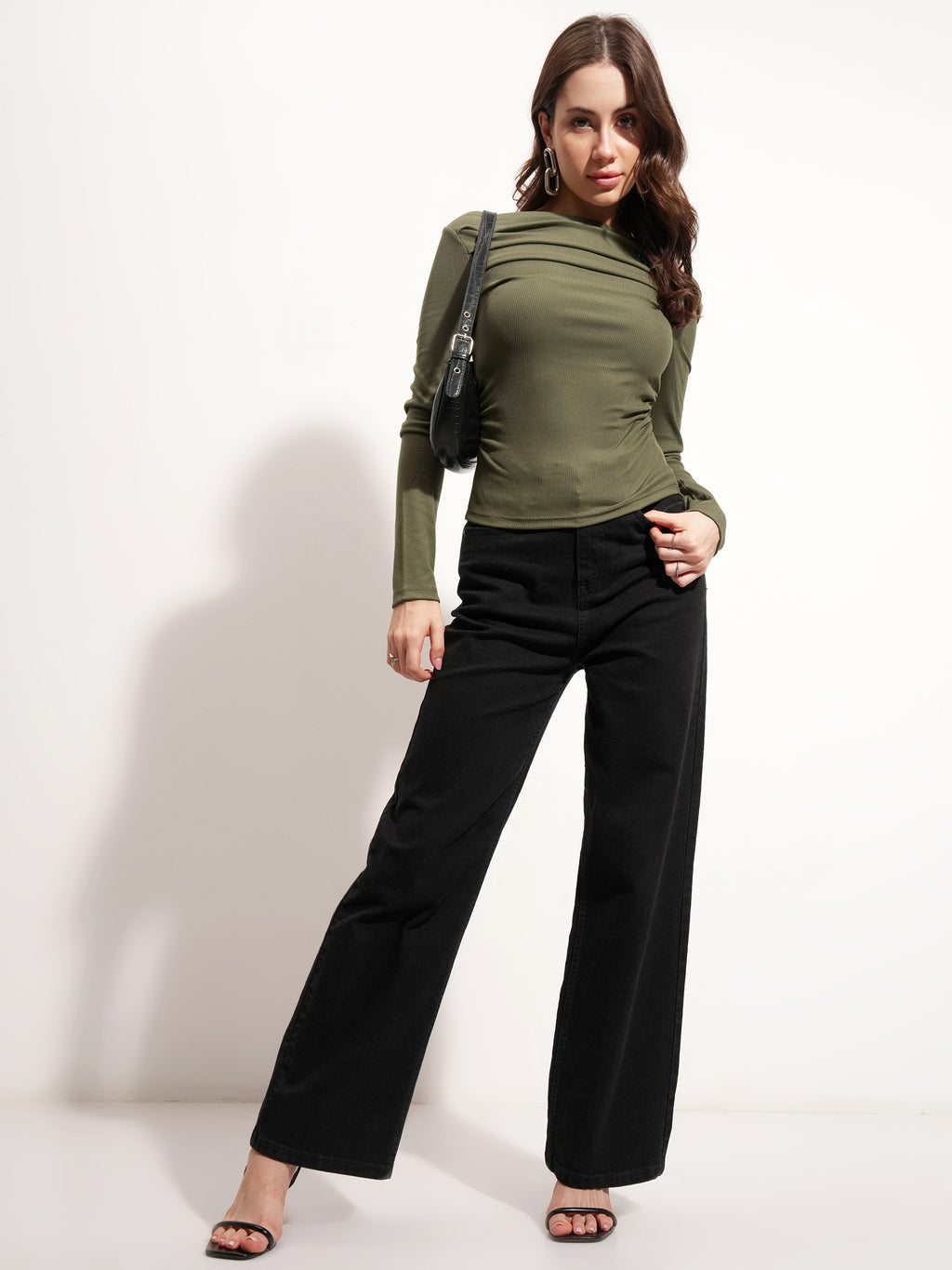 Tokyo Talkies Women Olive Solid Boat Neck T-Shirt - Olive - Image 2