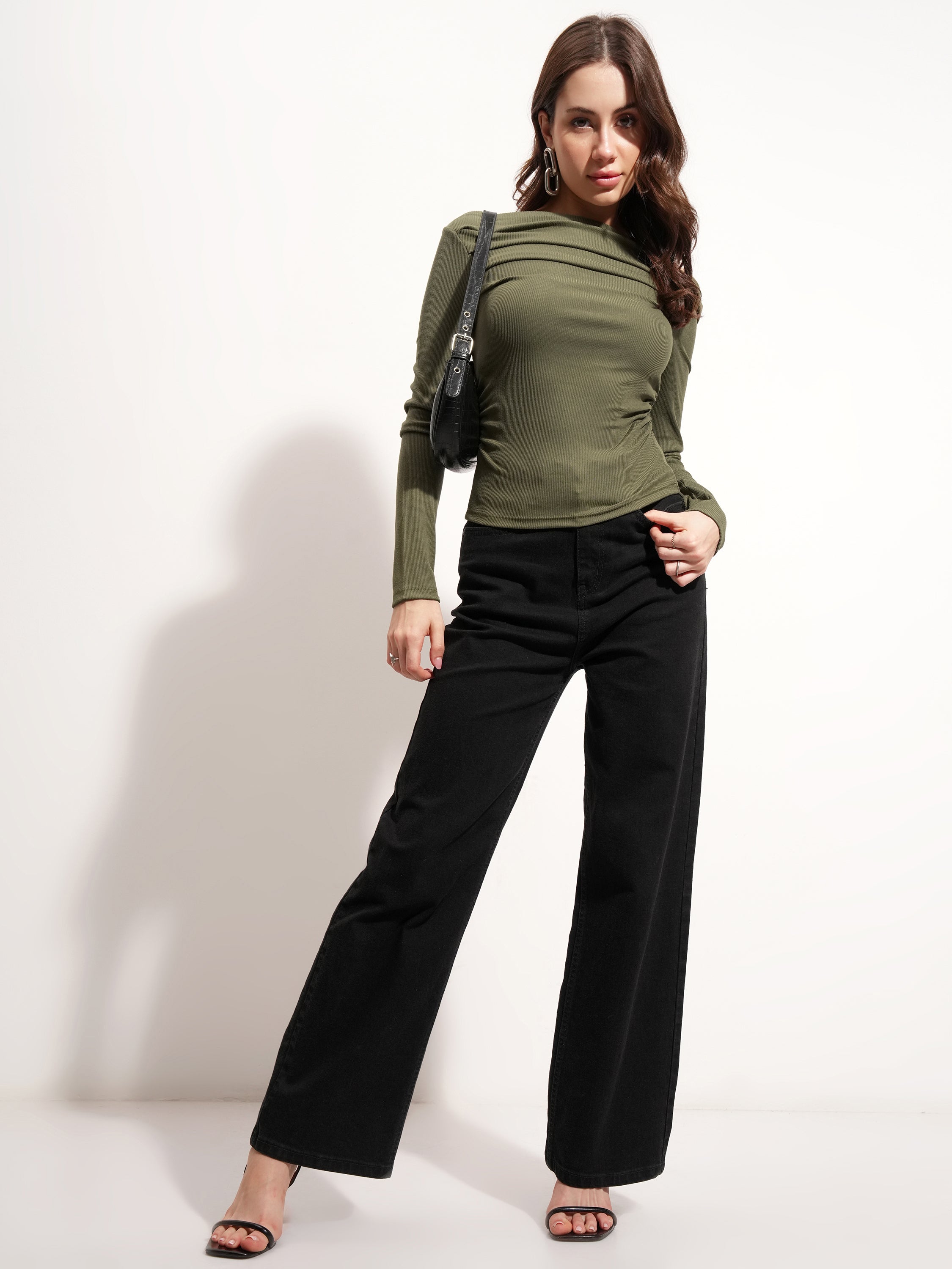 Tokyo Talkies Women Olive Solid Boat Neck T-Shirt - Olive - Image 2