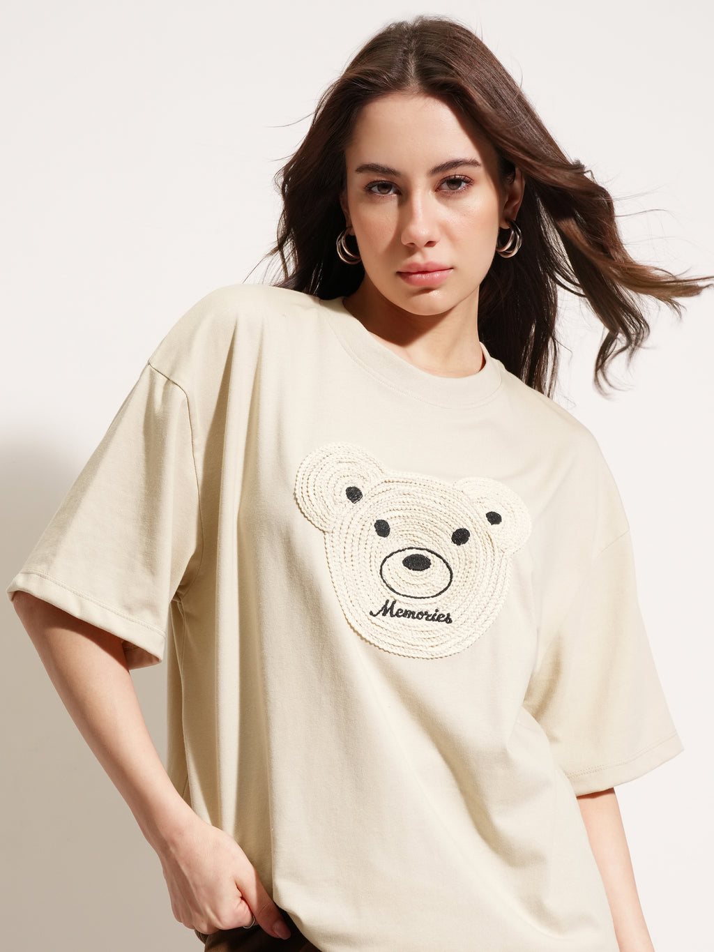 Tokyo Talkies Women Beige Applique Round Neck Oversized Fit T-Shirt - Beige - Image 1