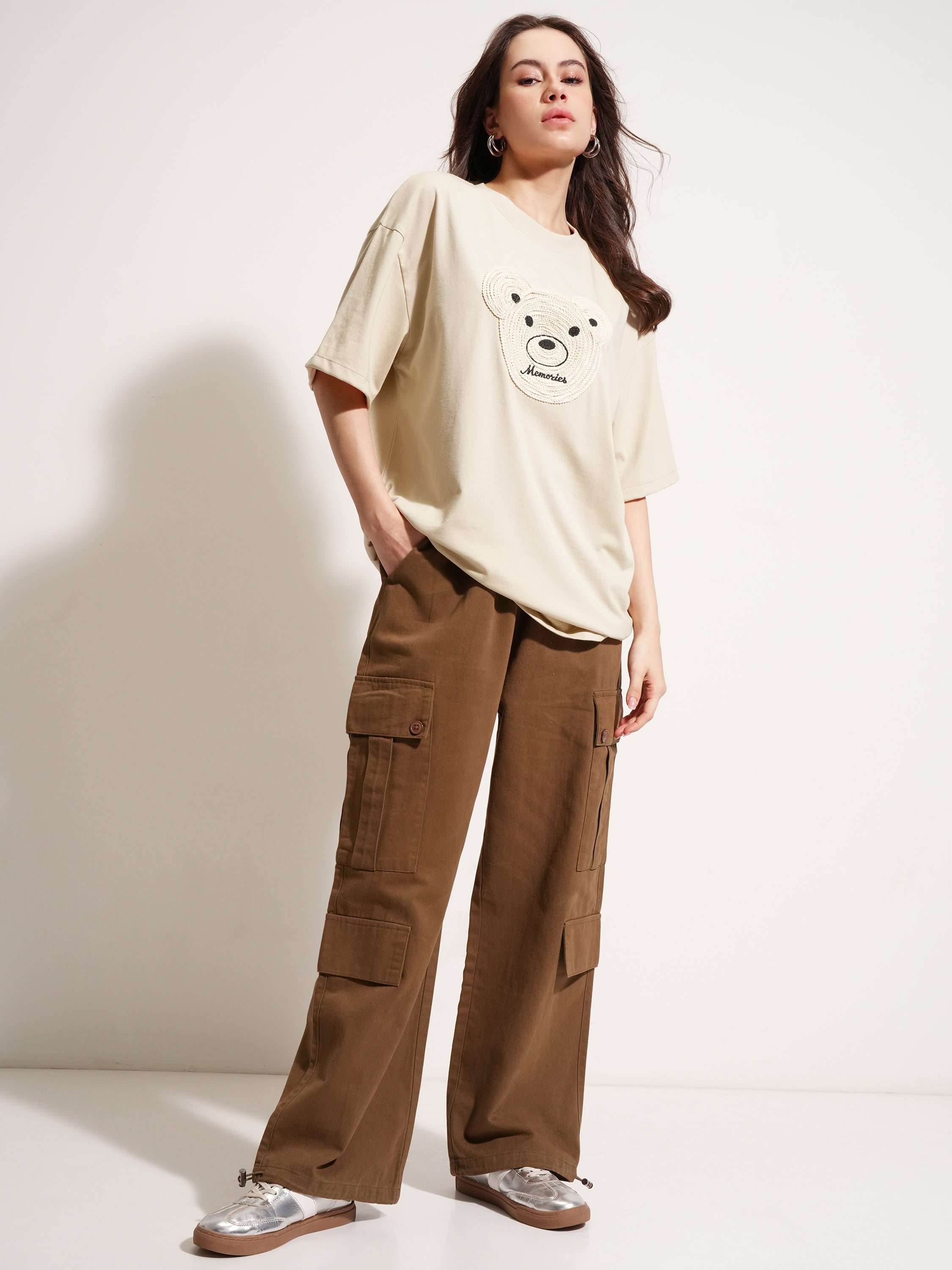 Tokyo Talkies Women Beige Applique Round Neck Oversized Fit T-Shirt - Beige - Image 2