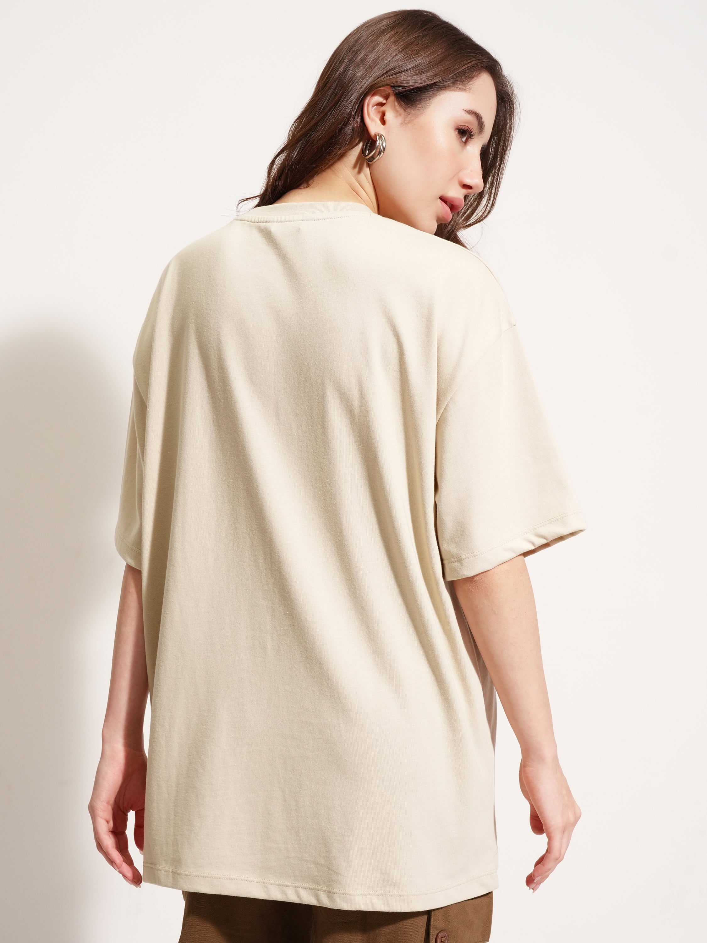 Tokyo Talkies Women Beige Applique Round Neck Oversized Fit T-Shirt - Beige - Image 3