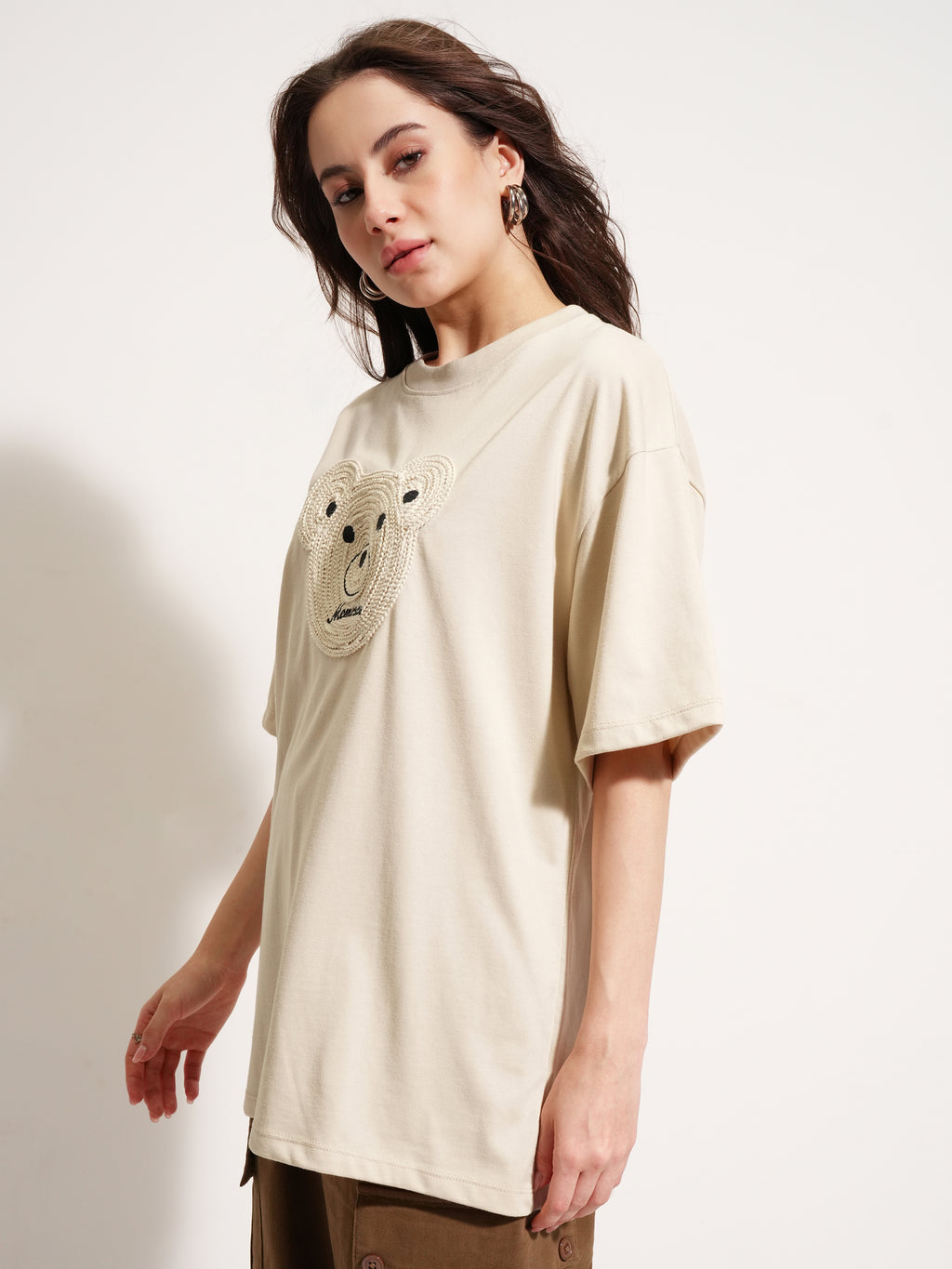 Tokyo Talkies Women Beige Applique Round Neck Oversized Fit T-Shirt - Beige - Image 4