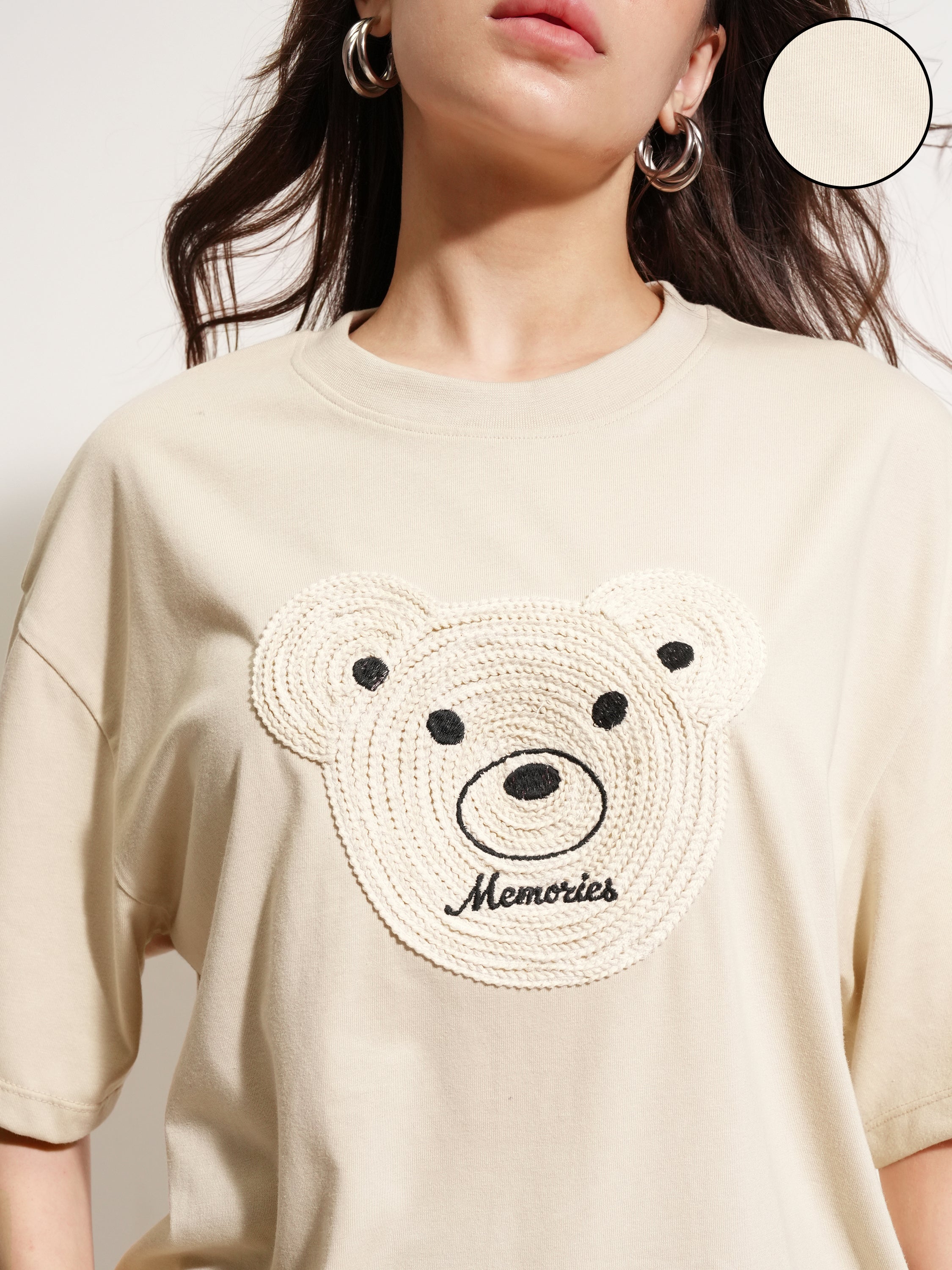 Tokyo Talkies Women Beige Applique Round Neck Oversized Fit T-Shirt - Beige - Image 5
