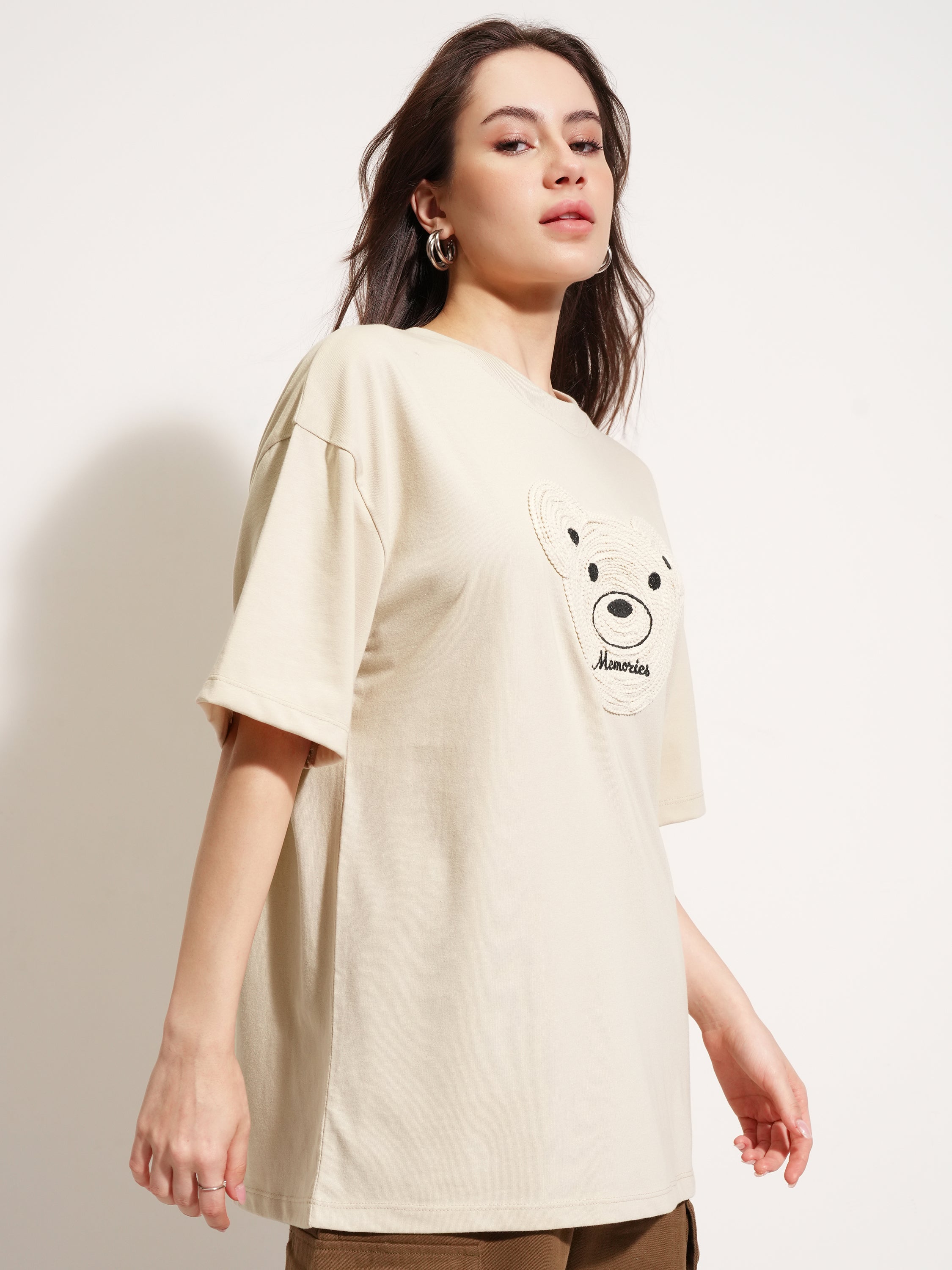 Tokyo Talkies Women Beige Applique Round Neck Oversized Fit T-Shirt - Beige - Image 6