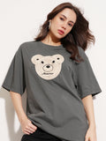 Tokyo Talkies Women Grey Applique Round Neck Oversized Fit T-Shirt - Grey - Image 1