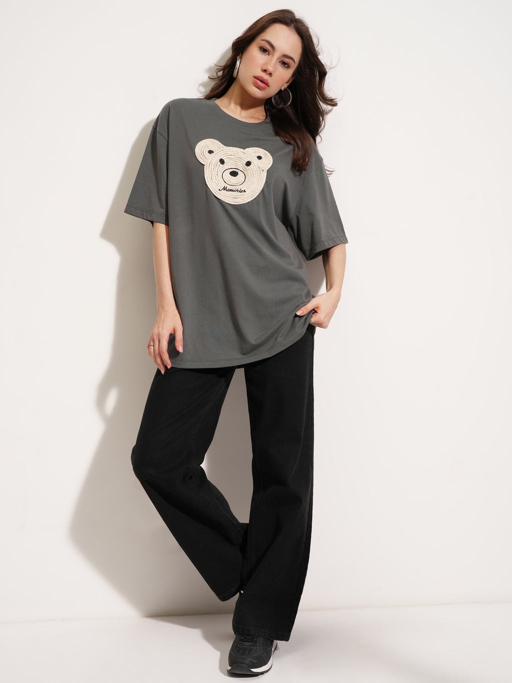 Tokyo Talkies Women Grey Applique Round Neck Oversized Fit T-Shirt - Grey - Image 2