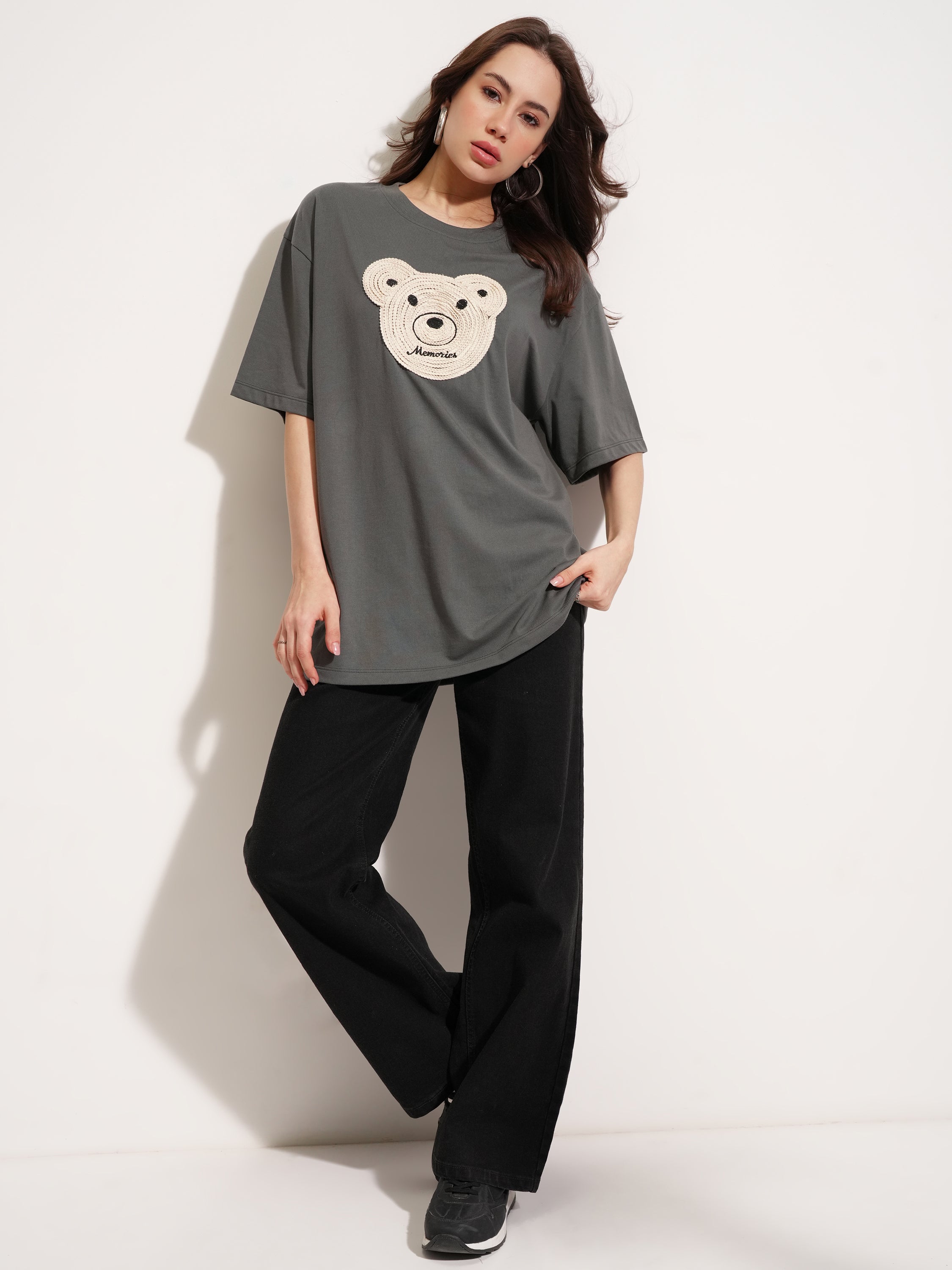 Tokyo Talkies Women Grey Applique Round Neck Oversized Fit T-Shirt - Grey - Image 2