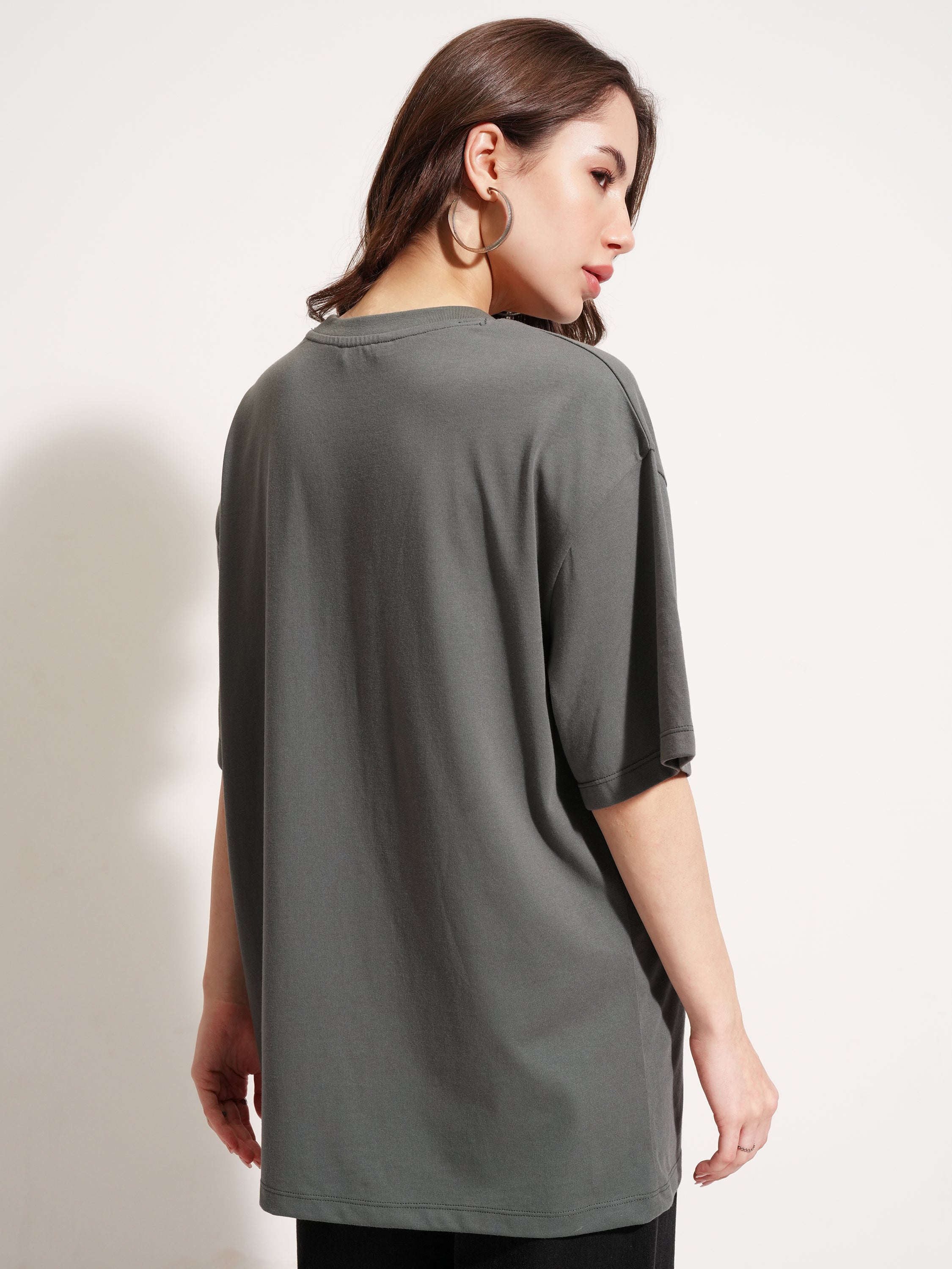 Tokyo Talkies Women Grey Applique Round Neck Oversized Fit T-Shirt - Grey - Image 3