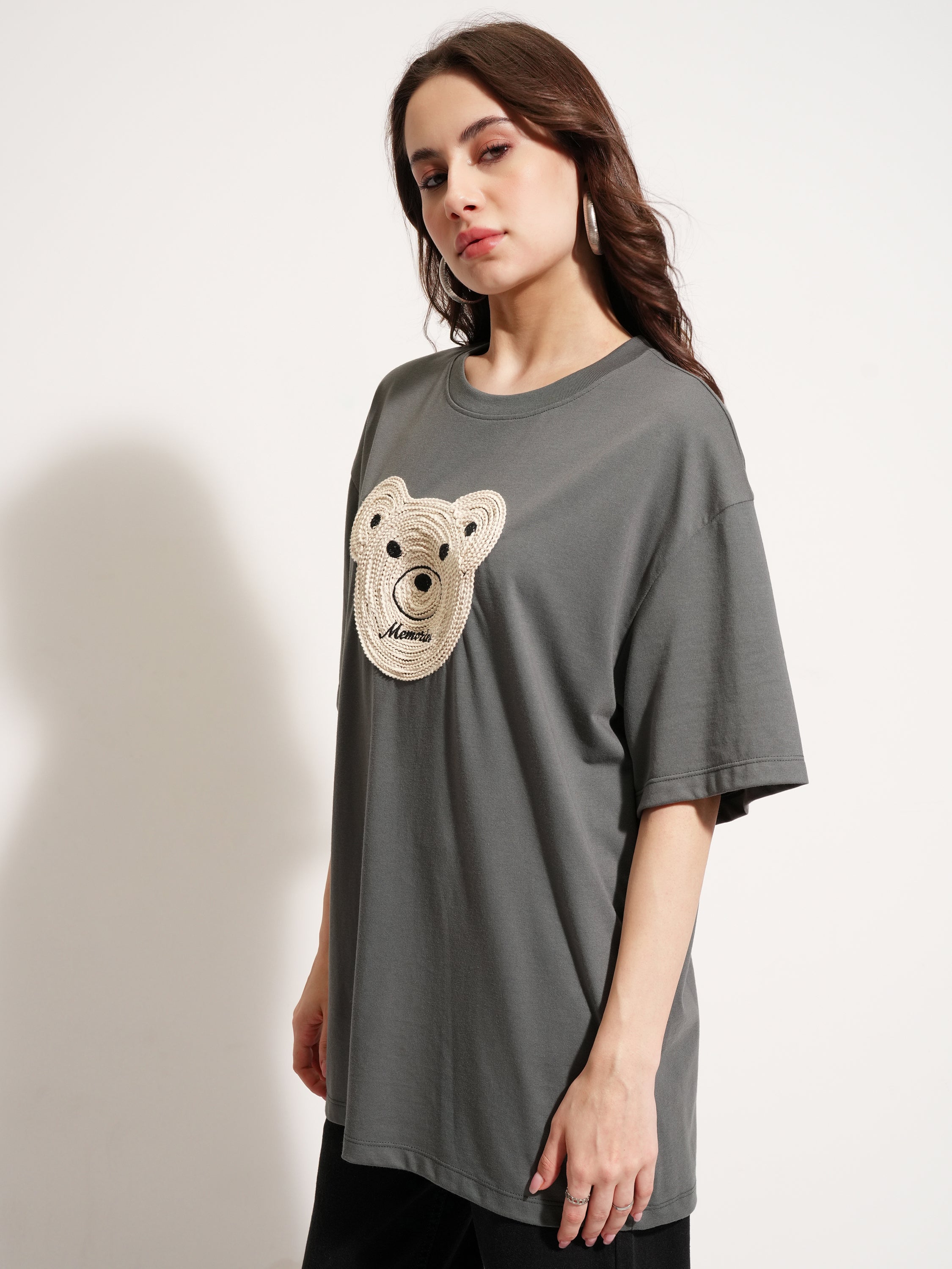 Tokyo Talkies Women Grey Applique Round Neck Oversized Fit T-Shirt - Grey - Image 4