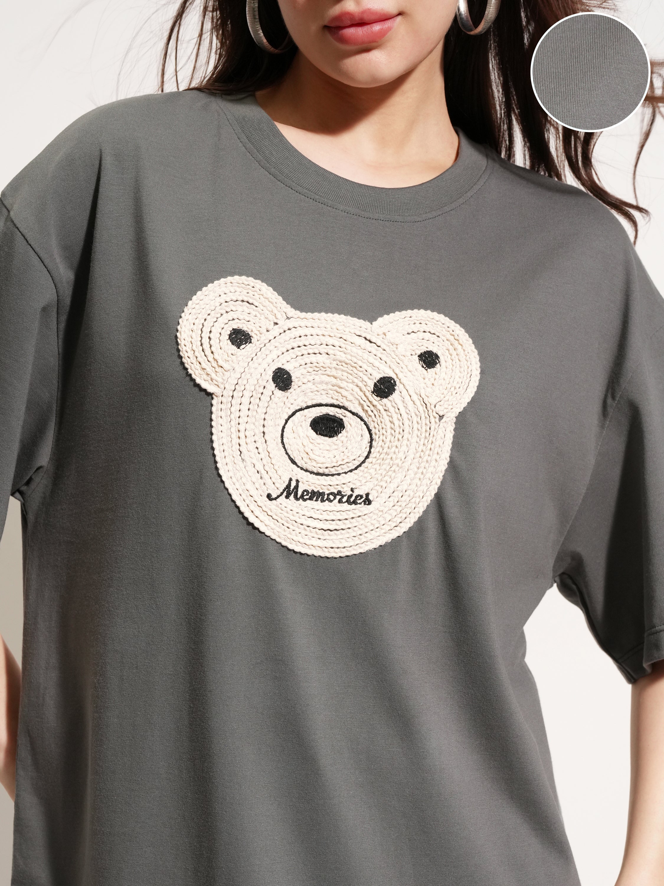 Tokyo Talkies Women Grey Applique Round Neck Oversized Fit T-Shirt - Grey - Image 5