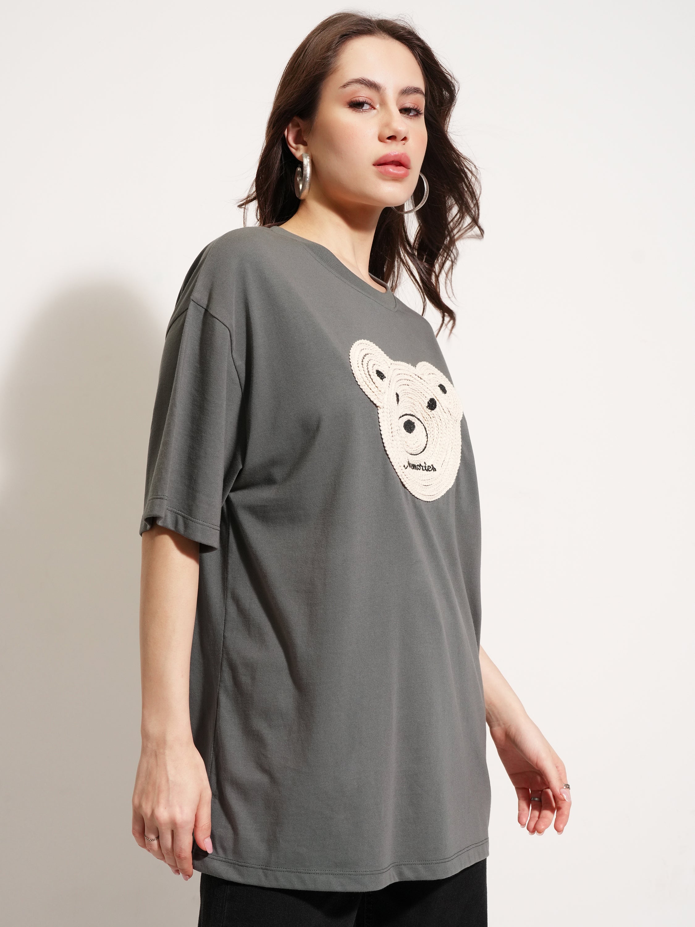 Tokyo Talkies Women Grey Applique Round Neck Oversized Fit T-Shirt - Grey - Image 6