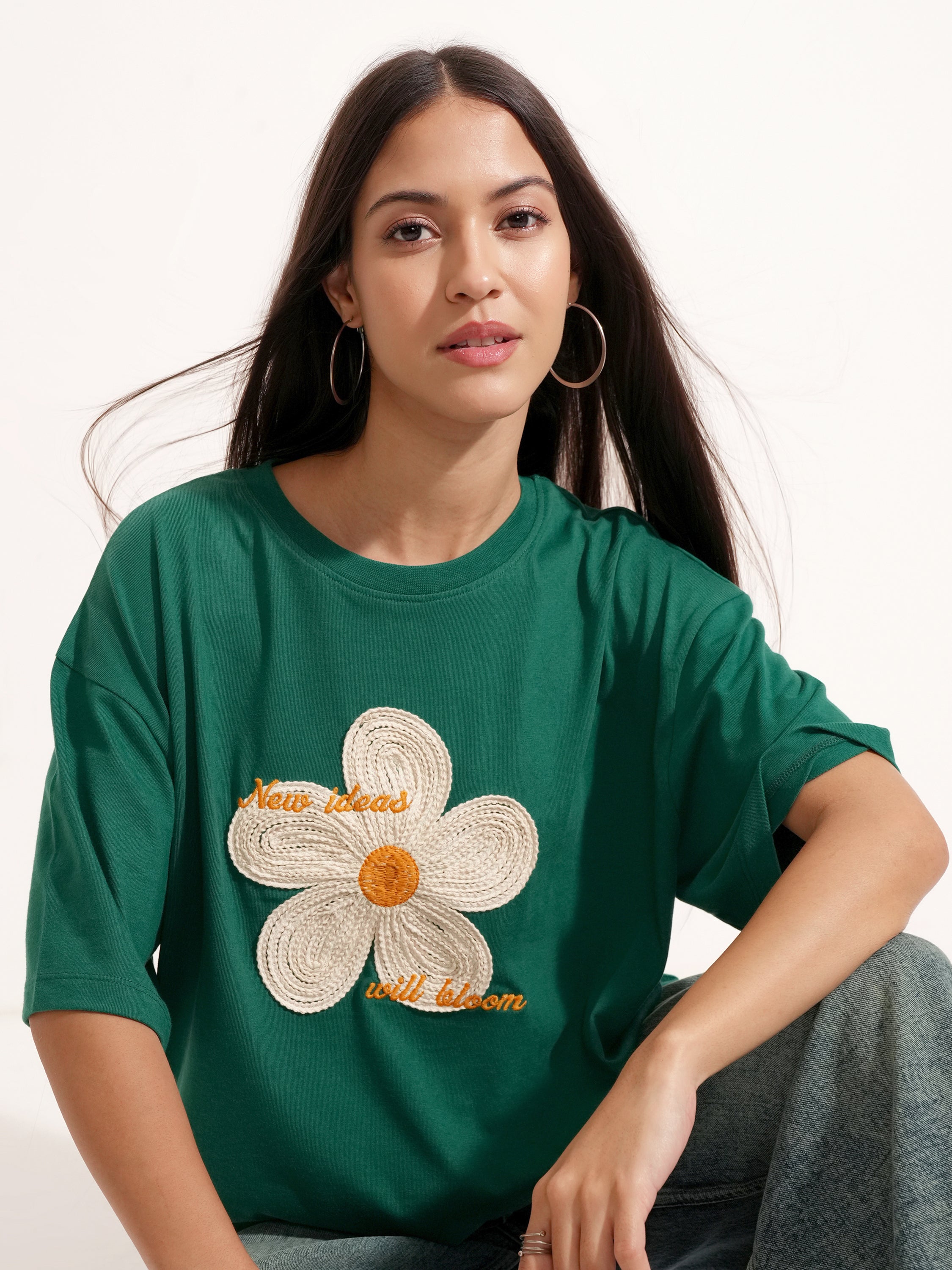 Tokyo Talkies Women Green Applique Round Neck Oversized Fit T-Shirt - Green - Image 1