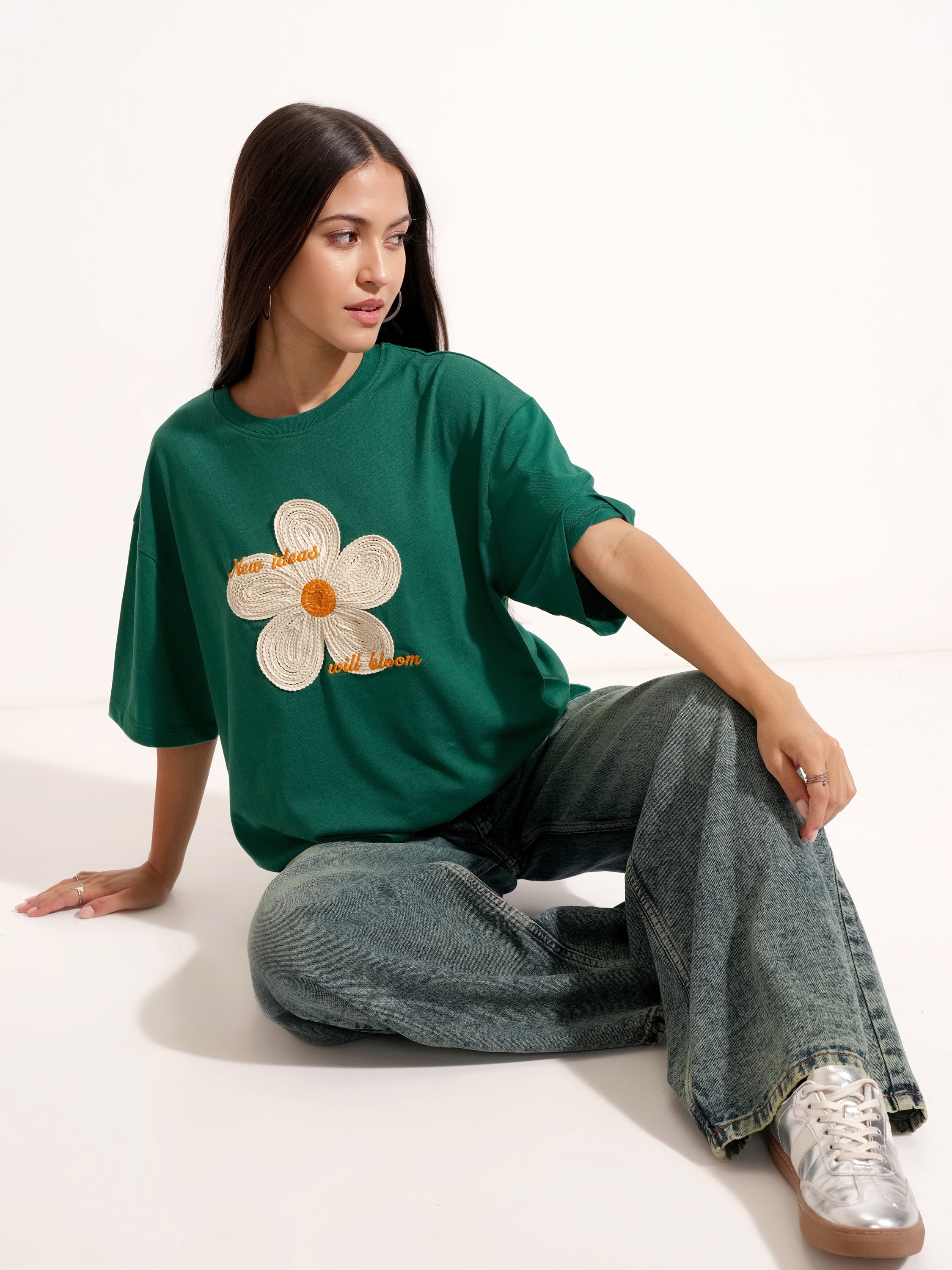 Tokyo Talkies Women Green Applique Round Neck Oversized Fit T-Shirt - Green - Image 2