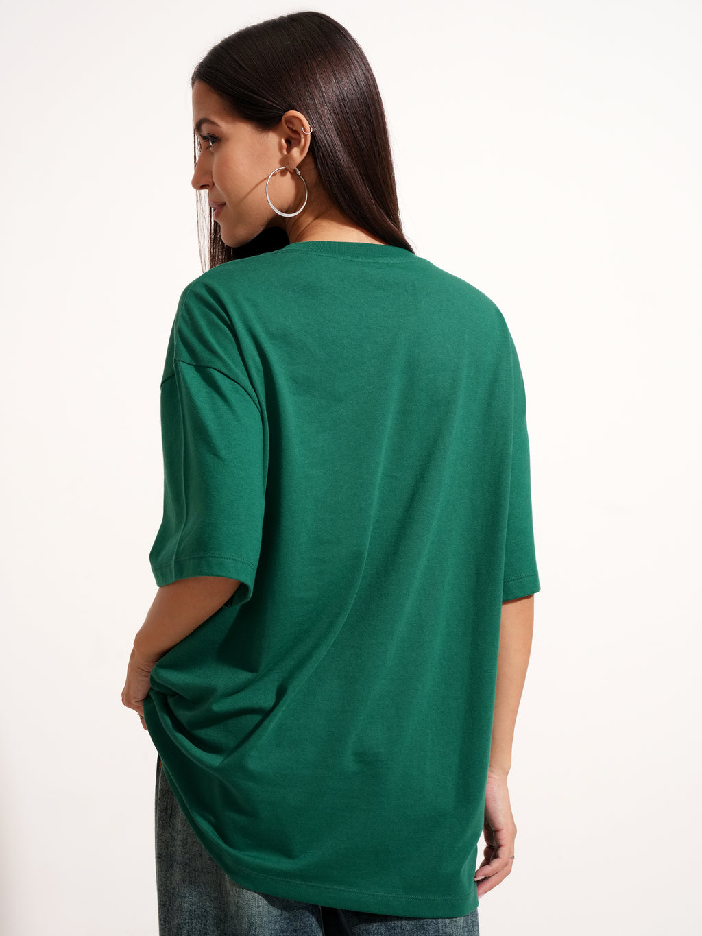 Tokyo Talkies Women Green Applique Round Neck Oversized Fit T-Shirt - Green - Image 3
