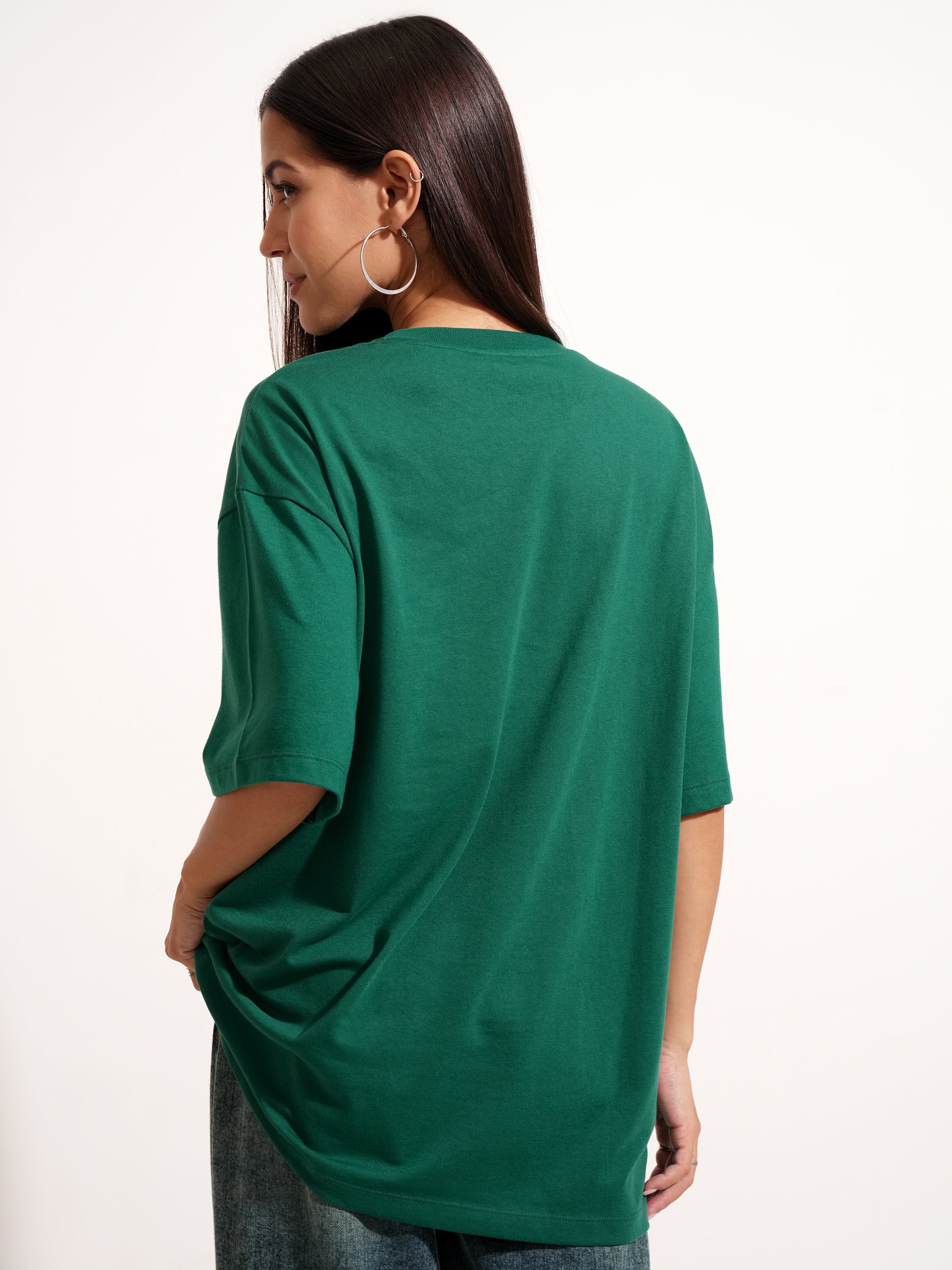 Tokyo Talkies Women Green Applique Round Neck Oversized Fit T-Shirt - Green - Image 3