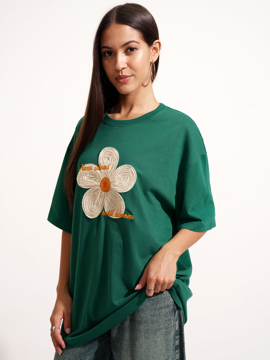 Tokyo Talkies Women Green Applique Round Neck Oversized Fit T-Shirt - Green - Image 4