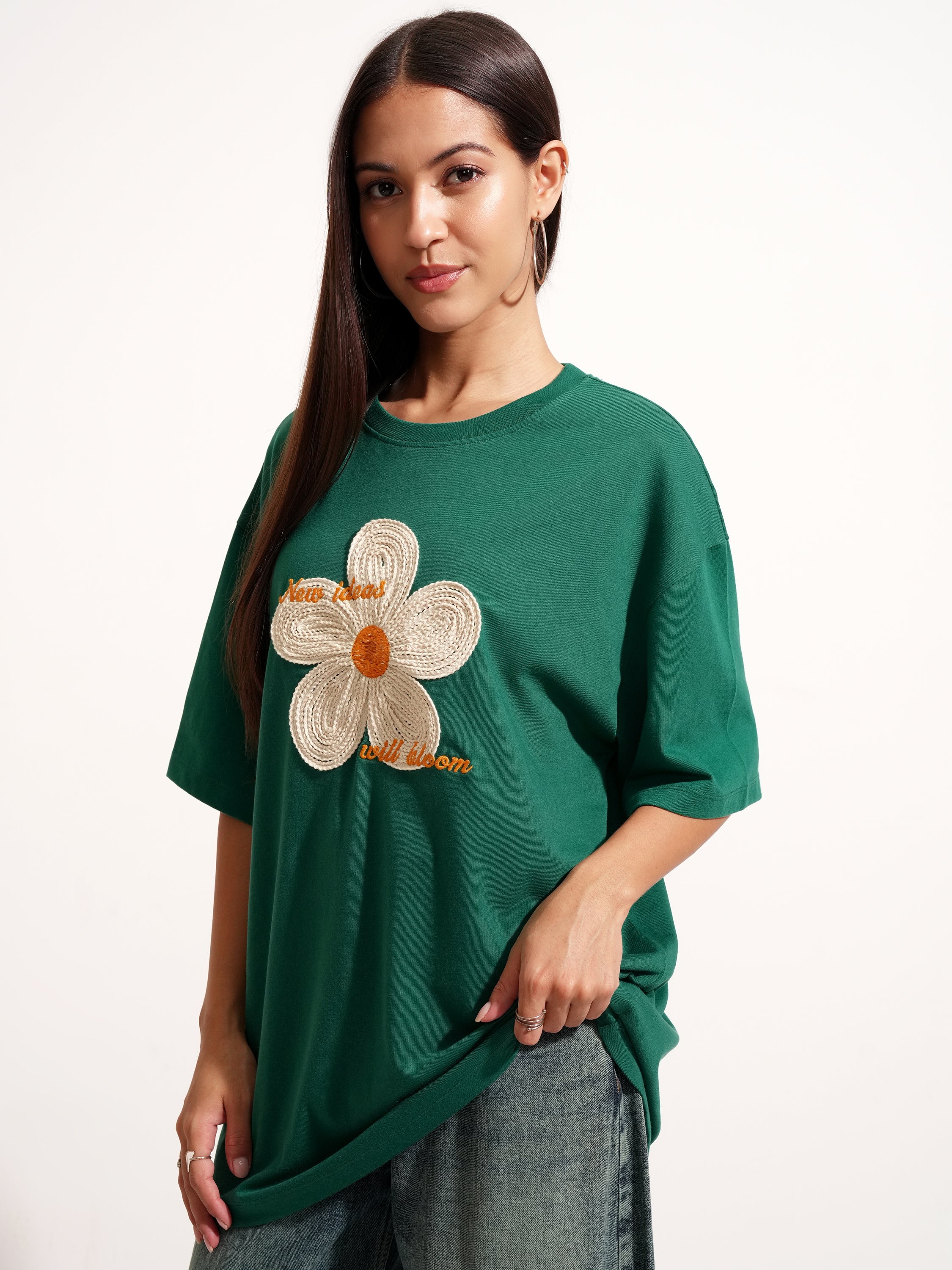 Tokyo Talkies Women Green Applique Round Neck Oversized Fit T-Shirt - Green - Image 4