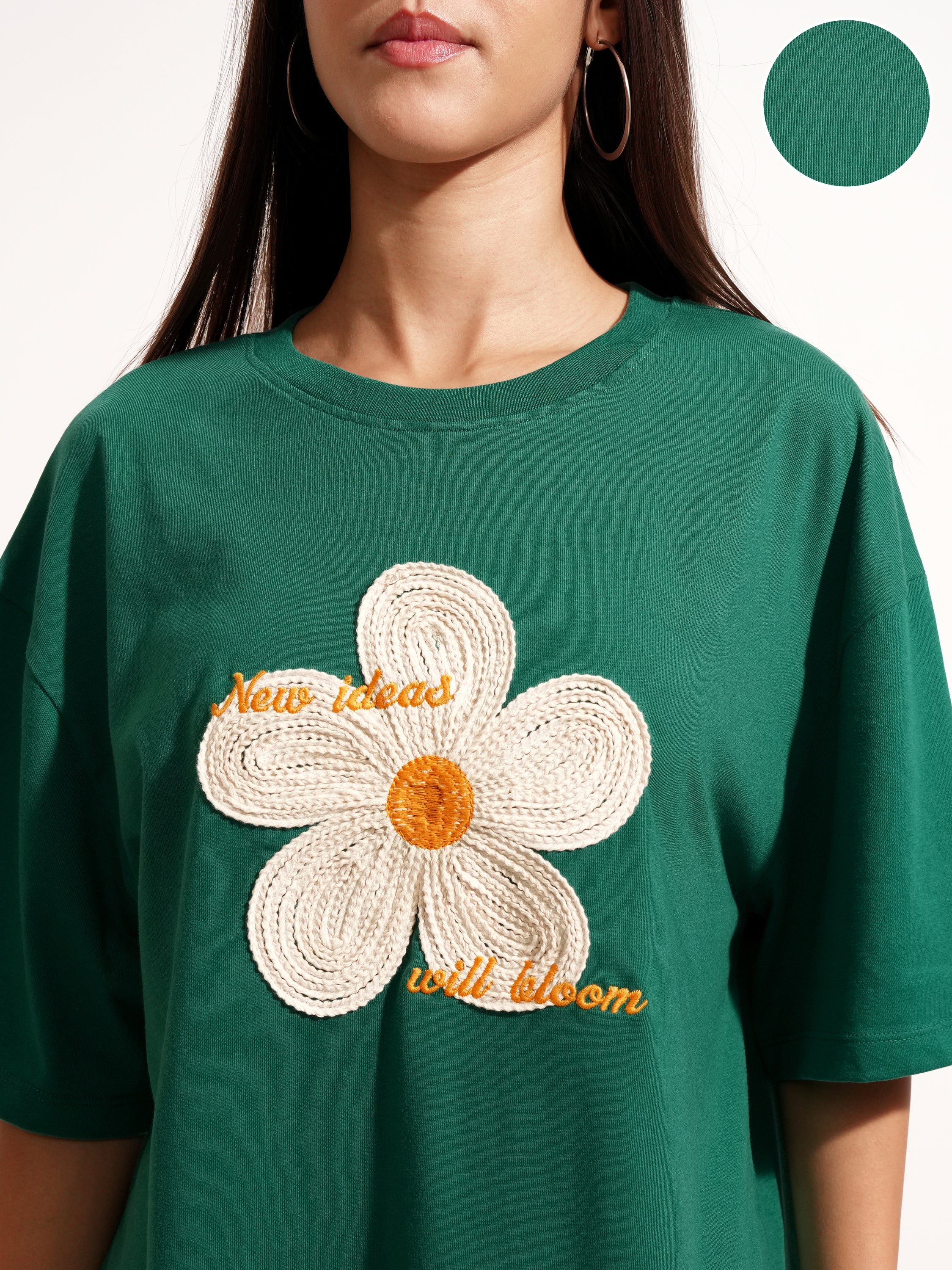 Tokyo Talkies Women Green Applique Round Neck Oversized Fit T-Shirt - Green - Image 5