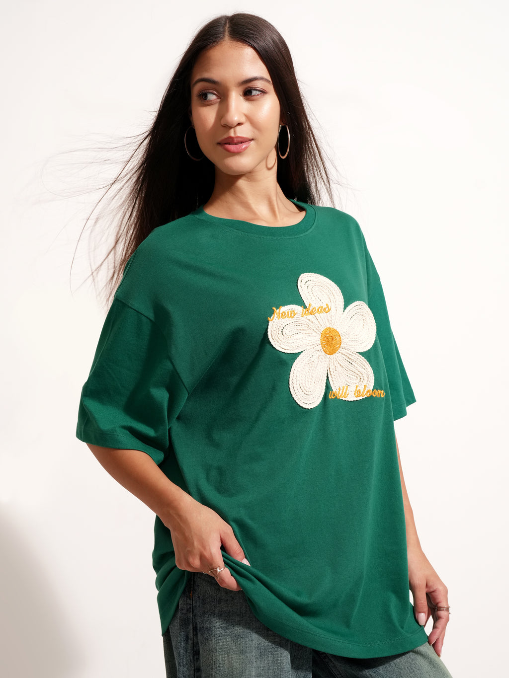 Tokyo Talkies Women Green Applique Round Neck Oversized Fit T-Shirt - Green - Image 6