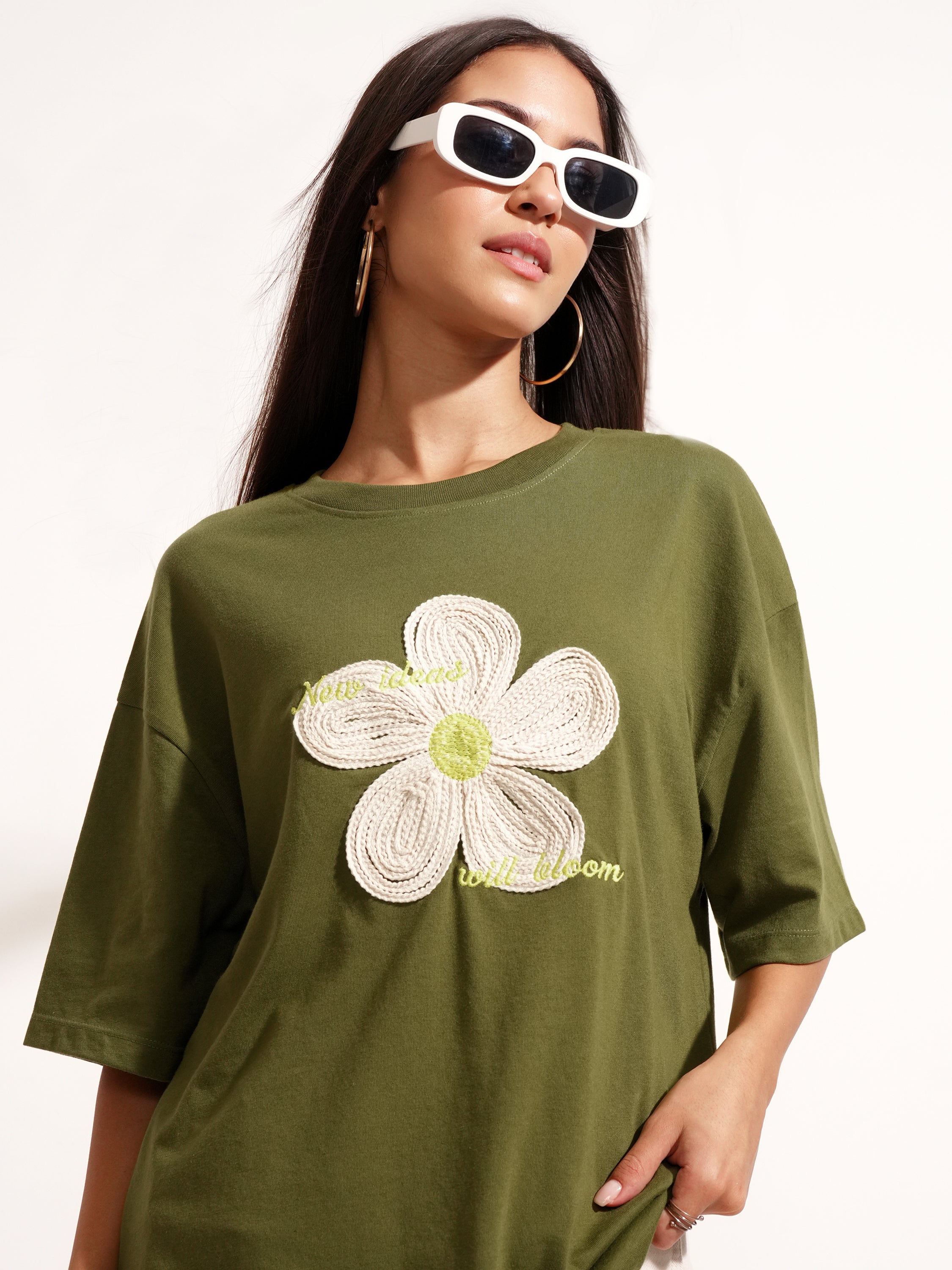 Tokyo Talkies Women Olive Applique Round Neck Oversized Fit T-Shirt - Olive - Image 1