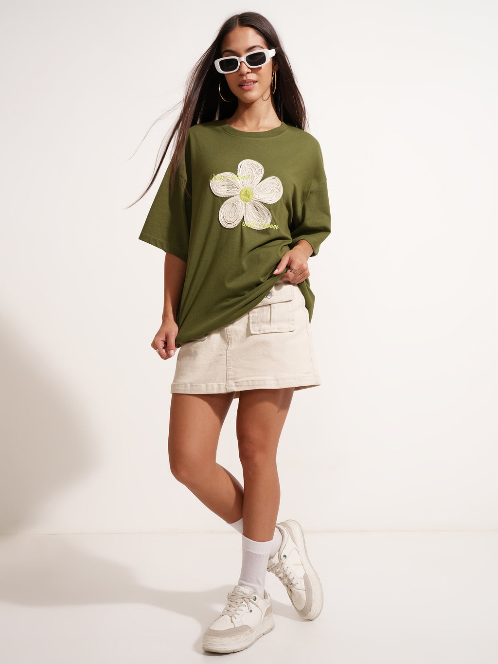 Tokyo Talkies Women Olive Applique Round Neck Oversized Fit T-Shirt - Olive - Image 2