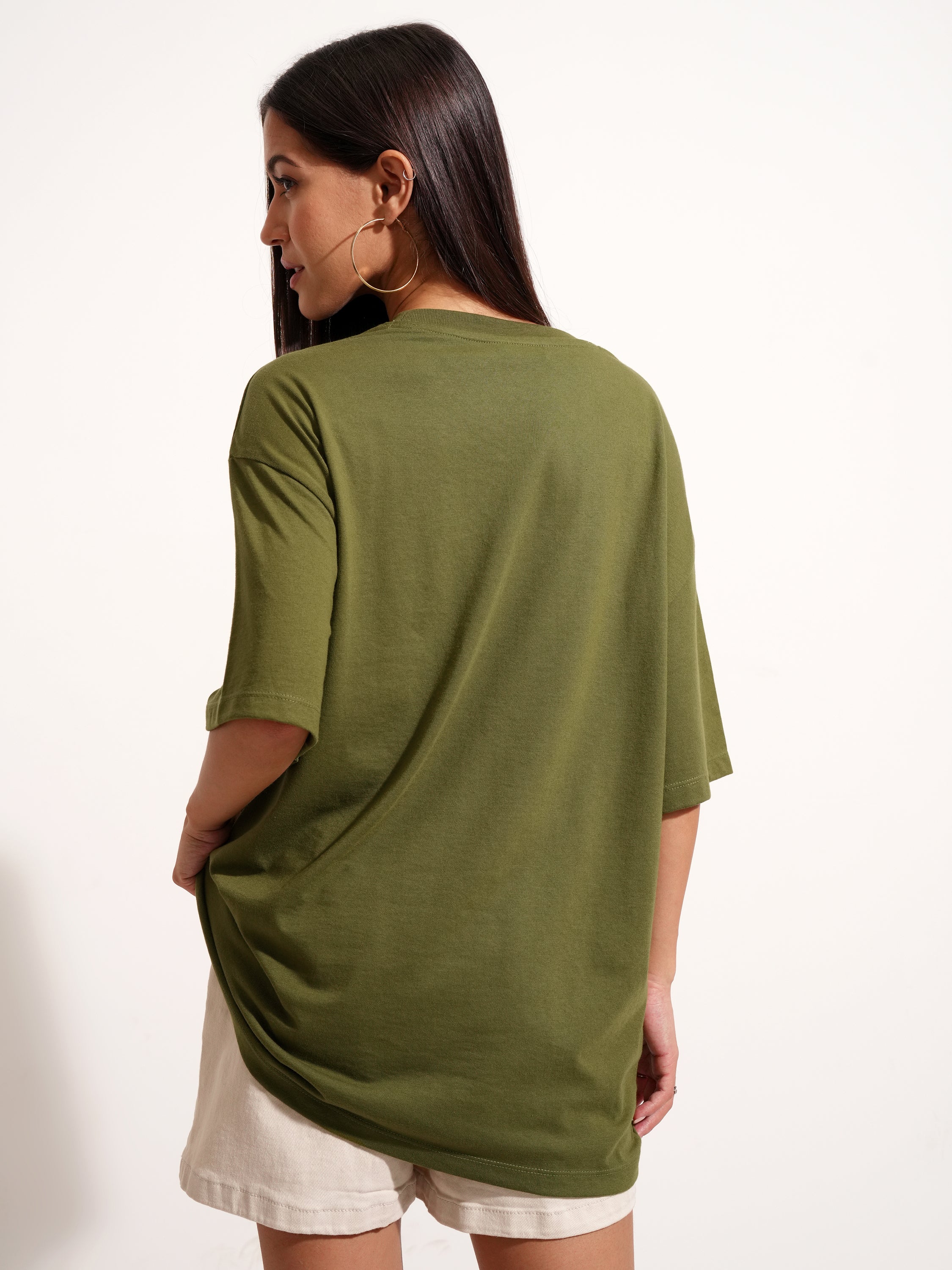 Tokyo Talkies Women Olive Applique Round Neck Oversized Fit T-Shirt - Olive - Image 3