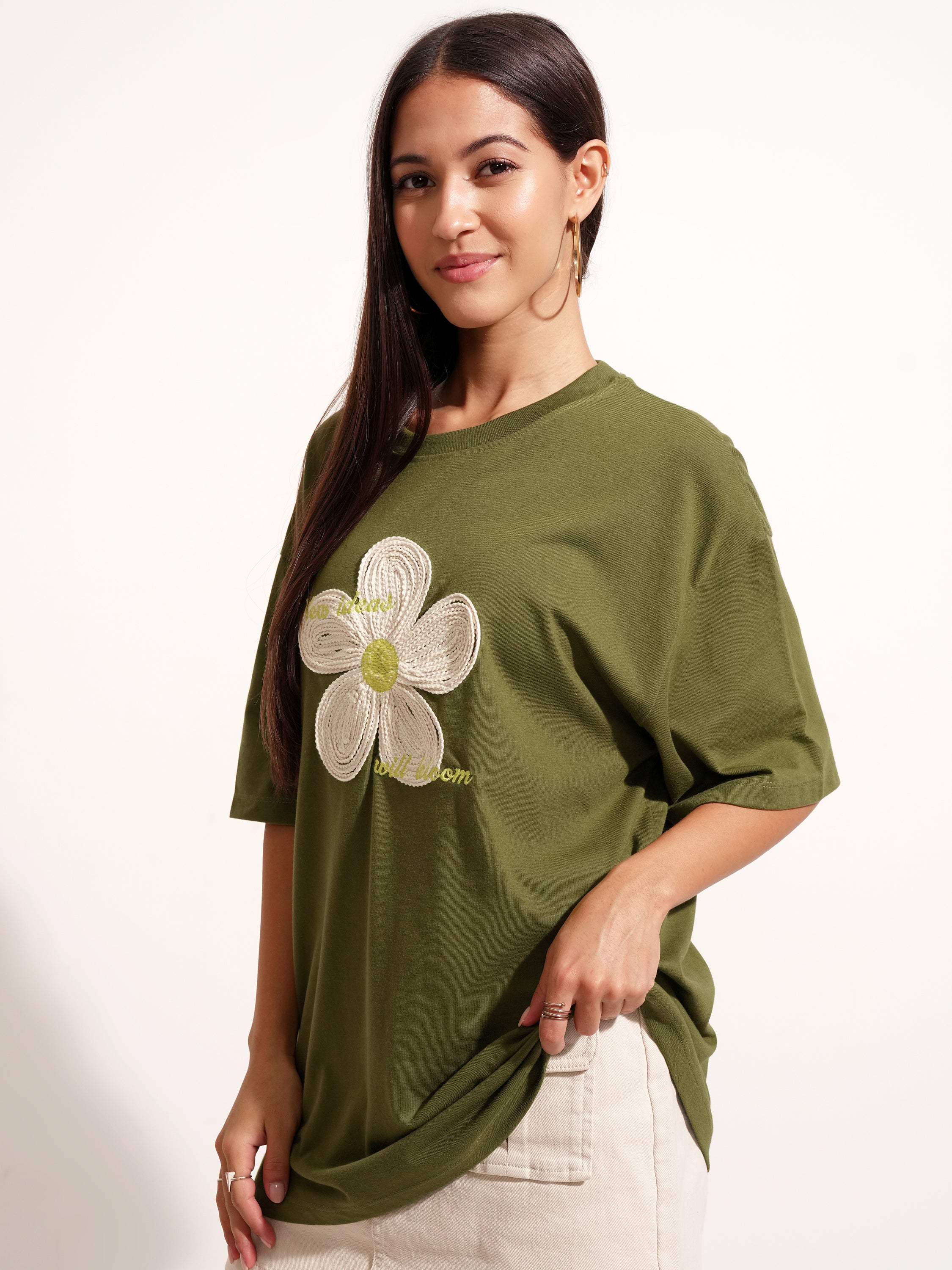Tokyo Talkies Women Olive Applique Round Neck Oversized Fit T-Shirt - Olive - Image 4
