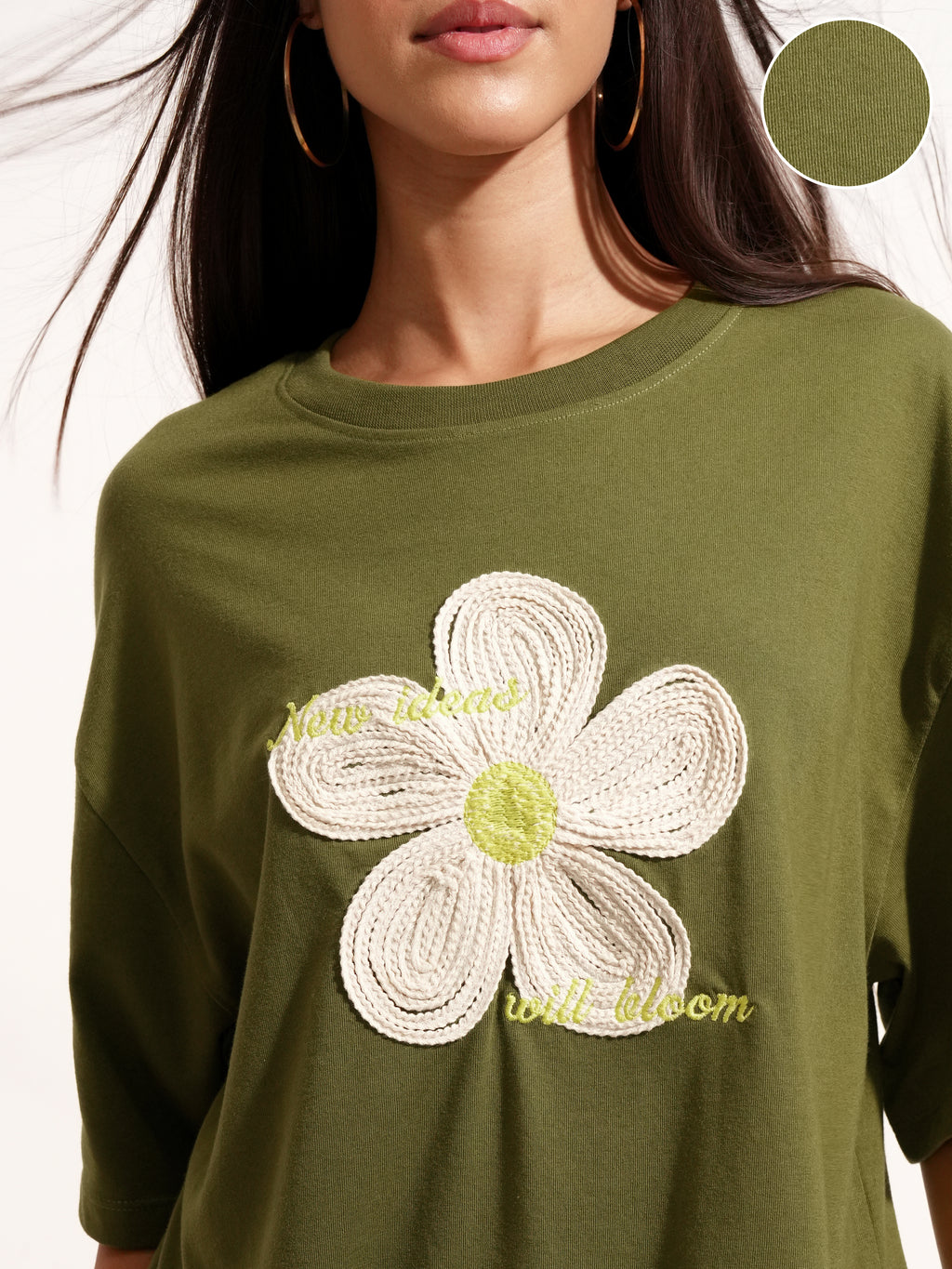 Tokyo Talkies Women Olive Applique Round Neck Oversized Fit T-Shirt - Olive - Image 5