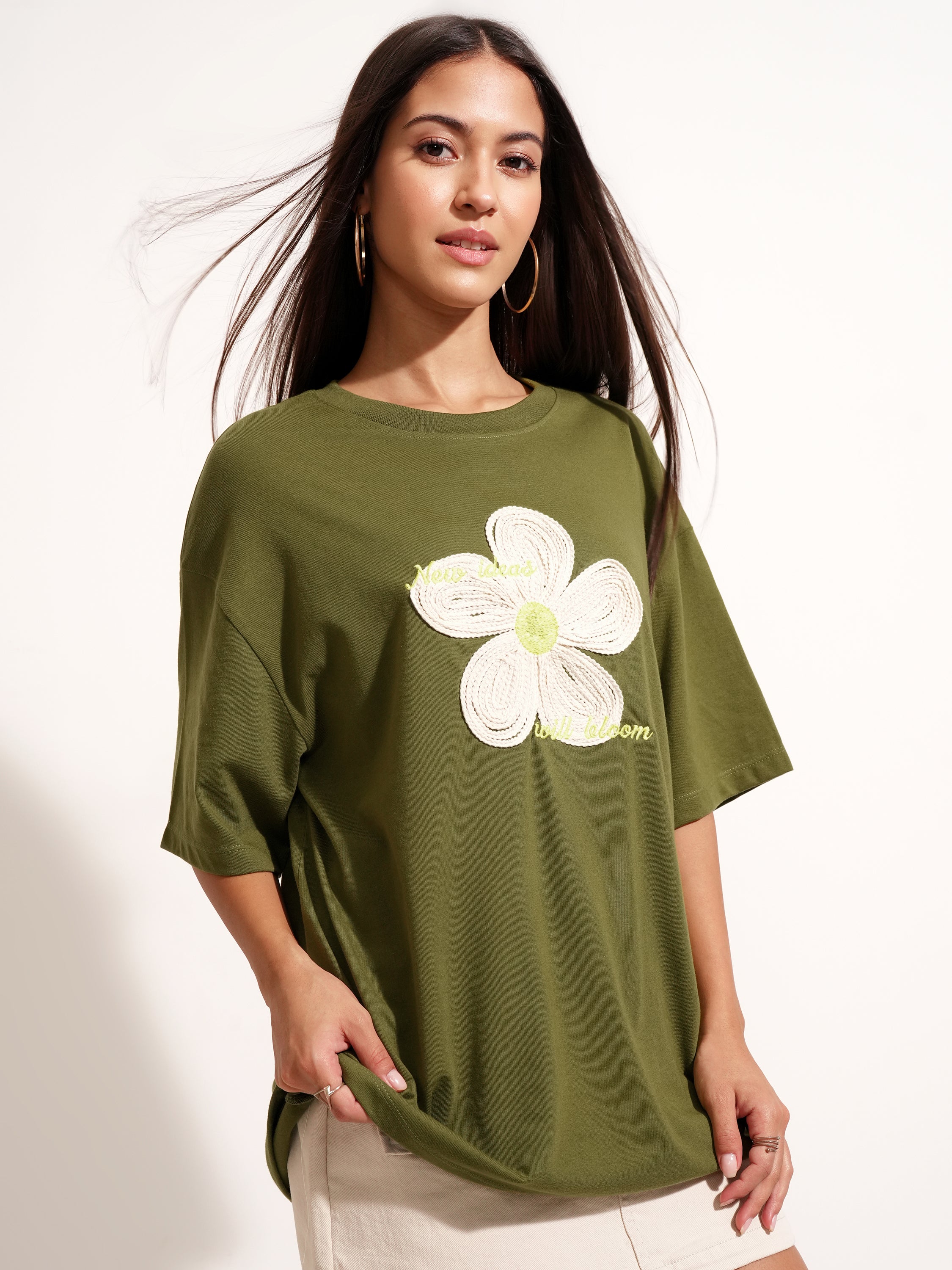 Tokyo Talkies Women Olive Applique Round Neck Oversized Fit T-Shirt - Olive - Image 6