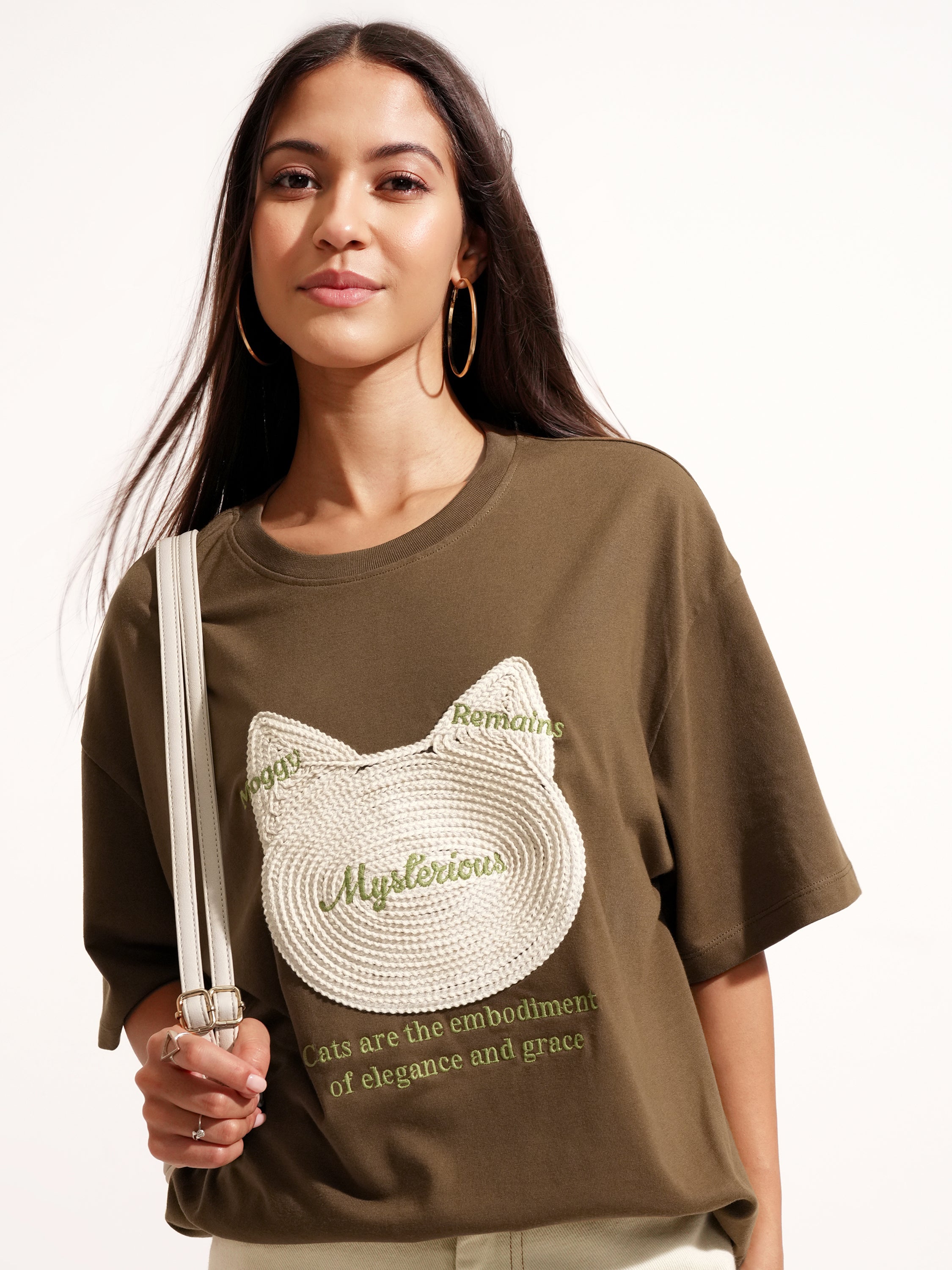 Tokyo Talkies Women Brown Applique Round Neck Oversized Fit T-Shirt - Brown - Image 1
