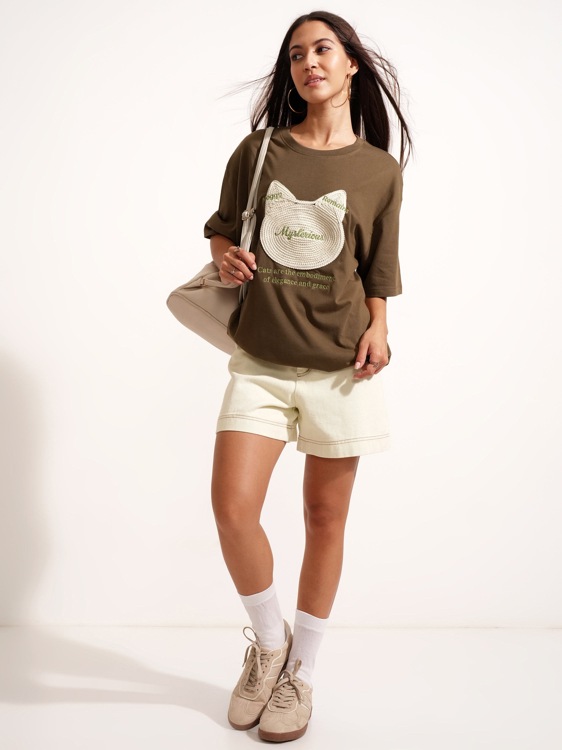 Tokyo Talkies Women Brown Applique Round Neck Oversized Fit T-Shirt - Brown - Image 2