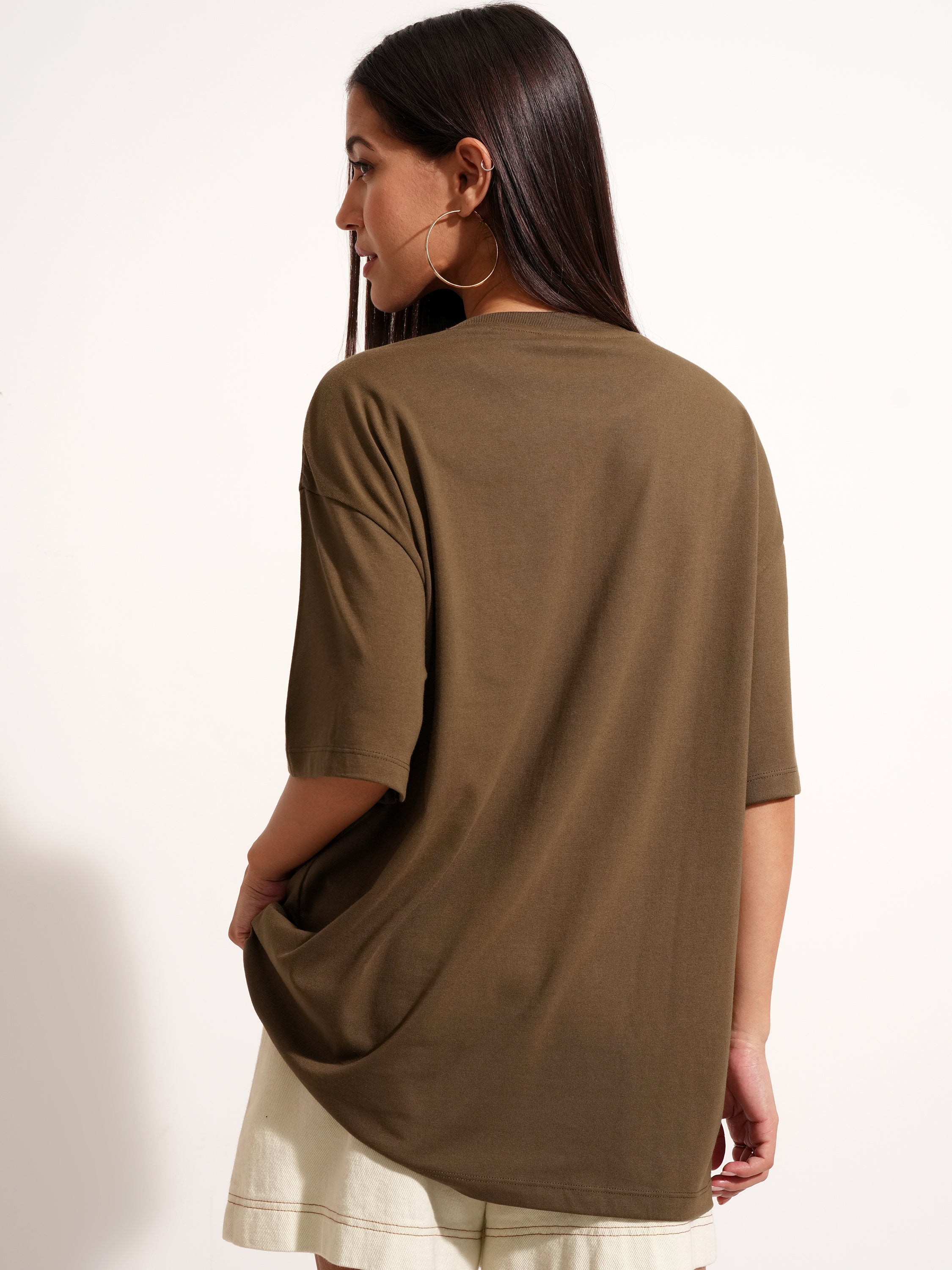 Tokyo Talkies Women Brown Applique Round Neck Oversized Fit T-Shirt - Brown - Image 3