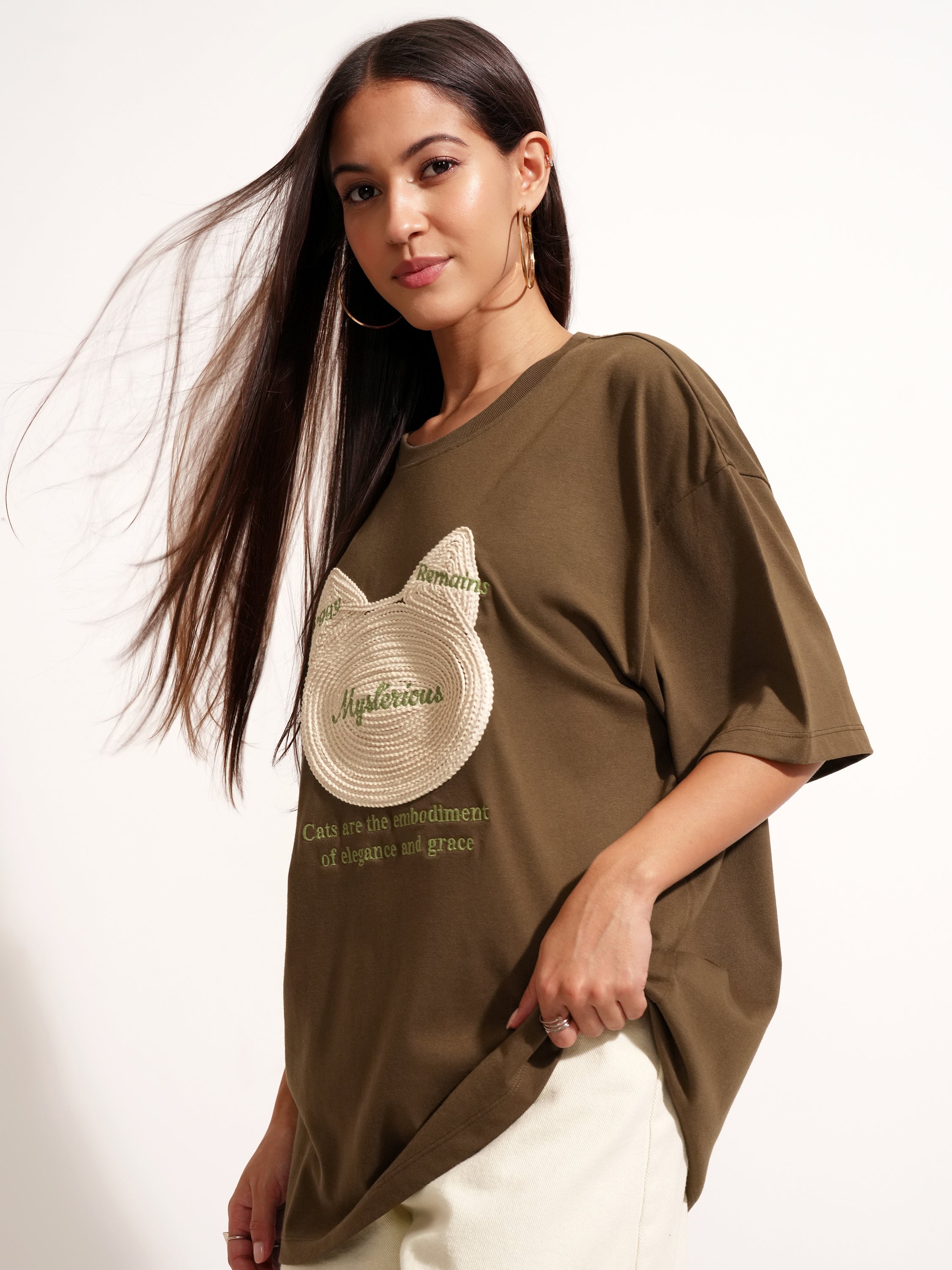 Tokyo Talkies Women Brown Applique Round Neck Oversized Fit T-Shirt - Brown - Image 4