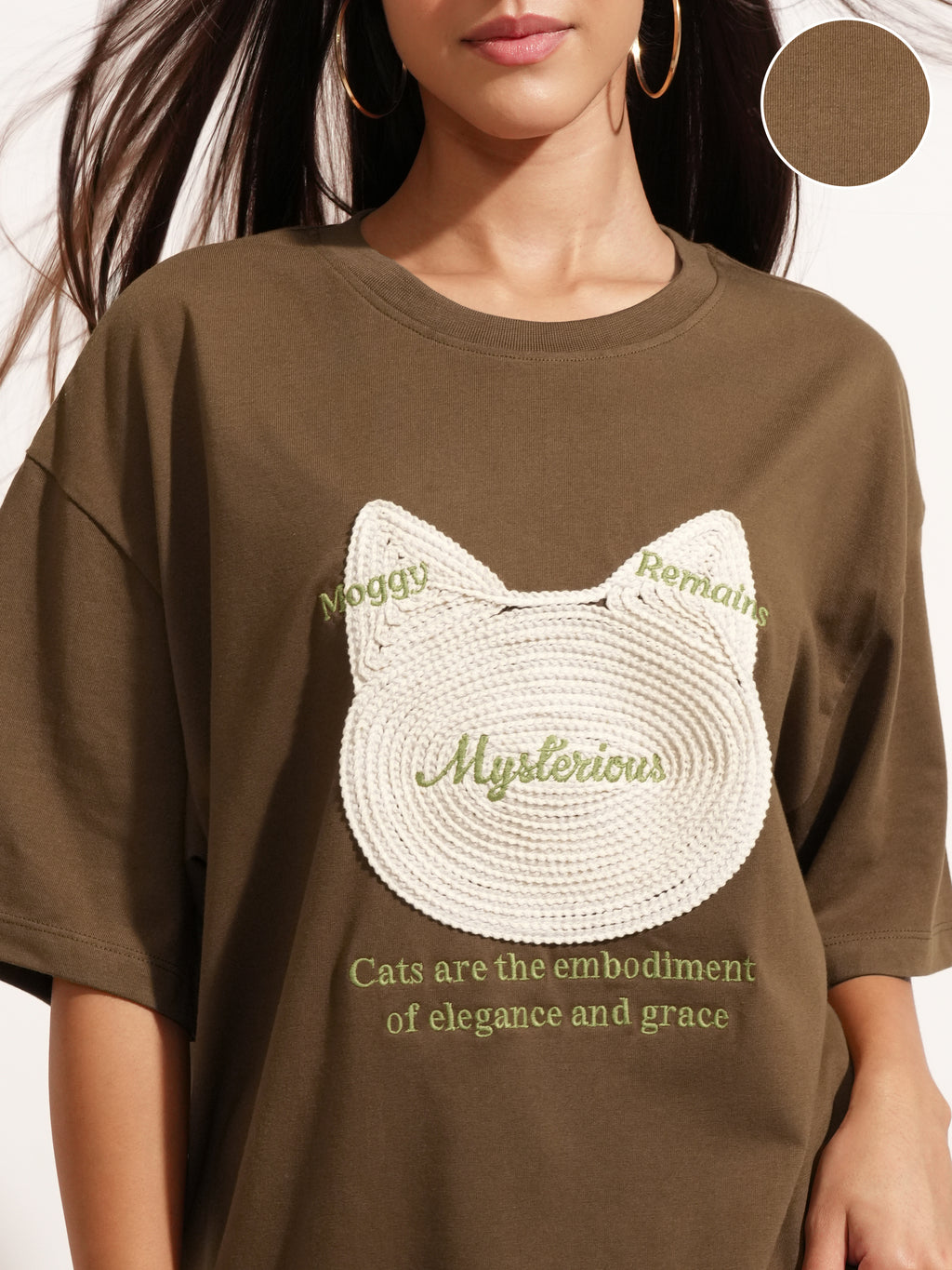 Tokyo Talkies Women Brown Applique Round Neck Oversized Fit T-Shirt - Brown - Image 5