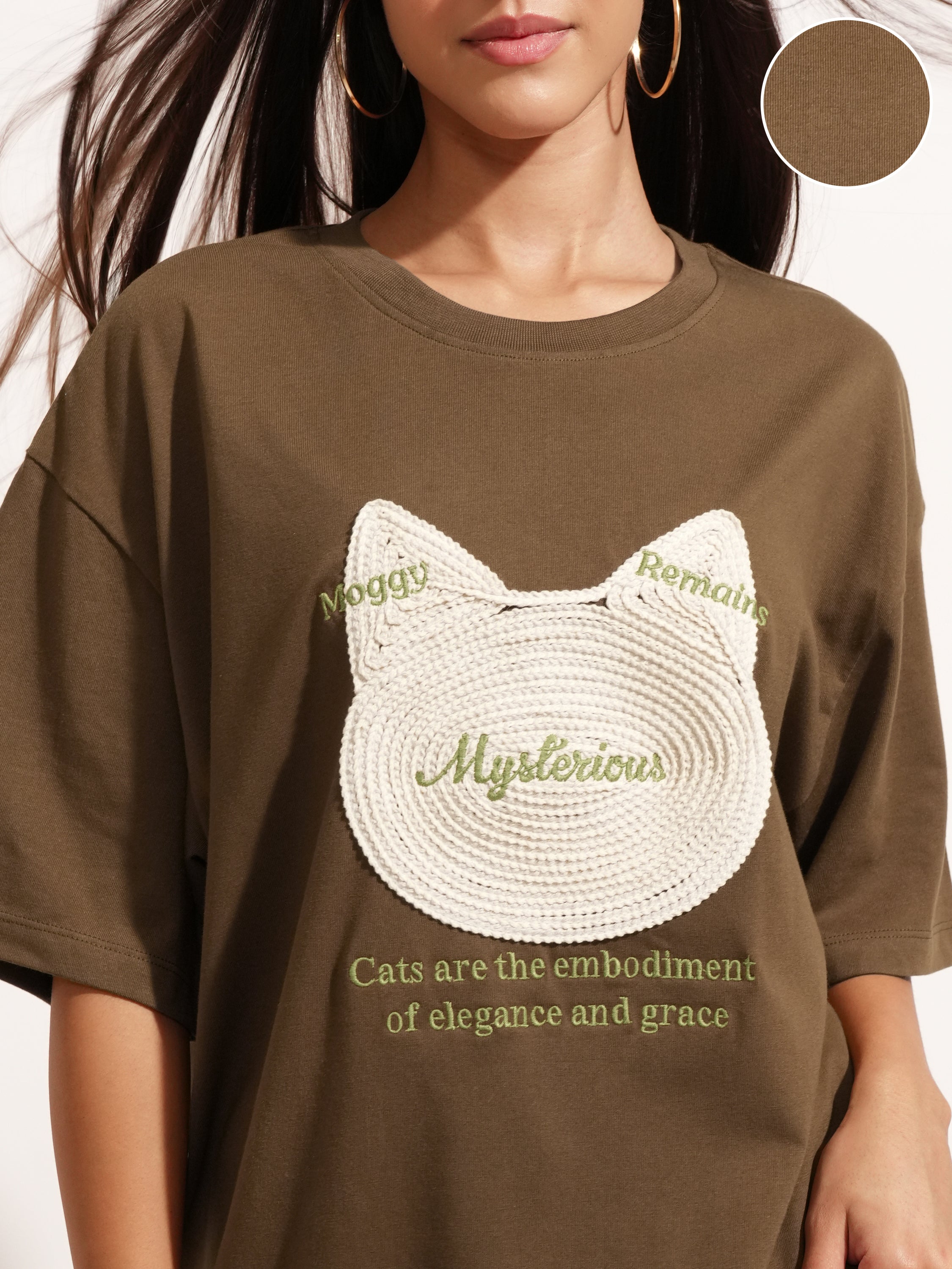 Tokyo Talkies Women Brown Applique Round Neck Oversized Fit T-Shirt - Brown - Image 5