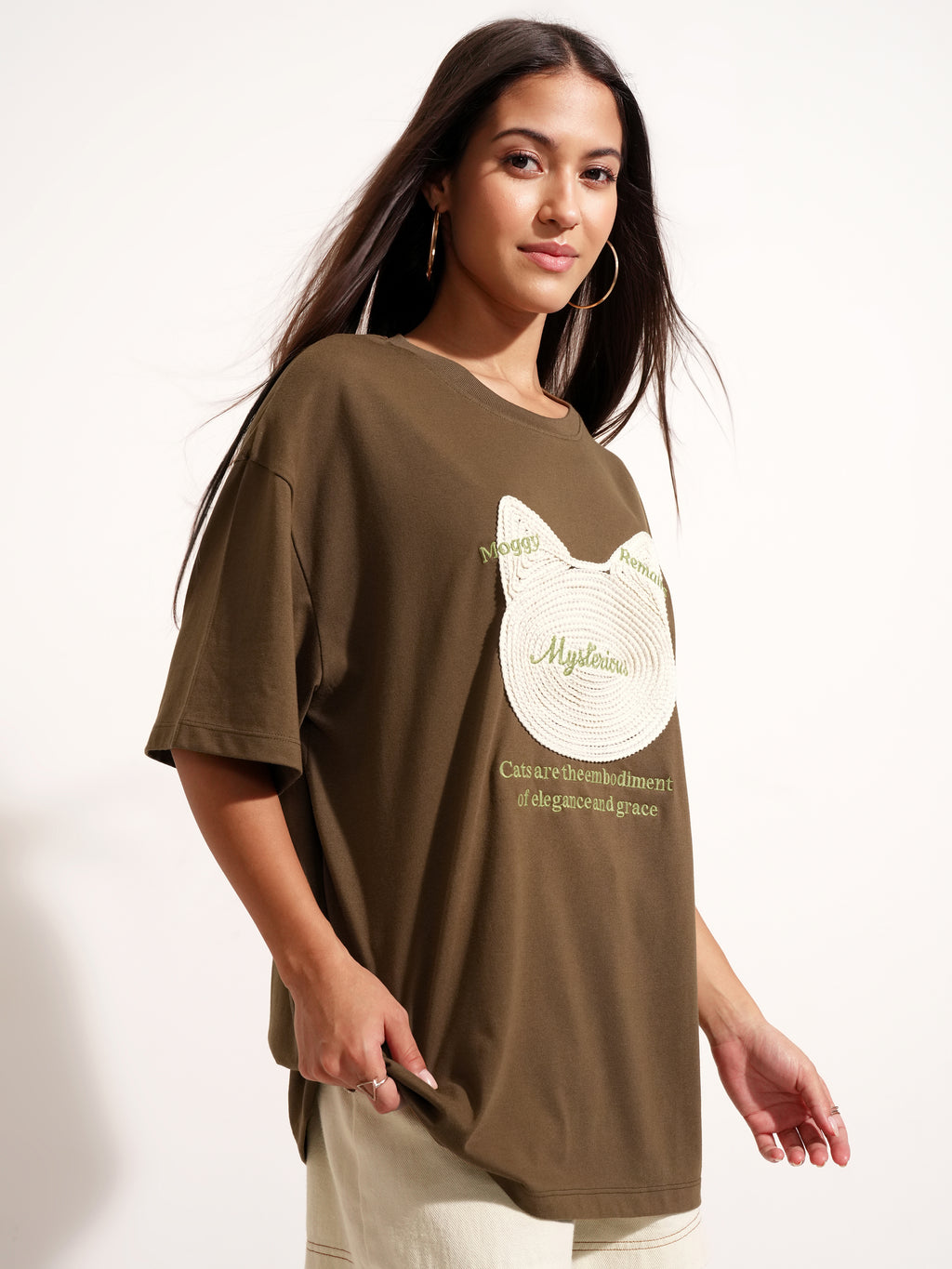 Tokyo Talkies Women Brown Applique Round Neck Oversized Fit T-Shirt - Brown - Image 6