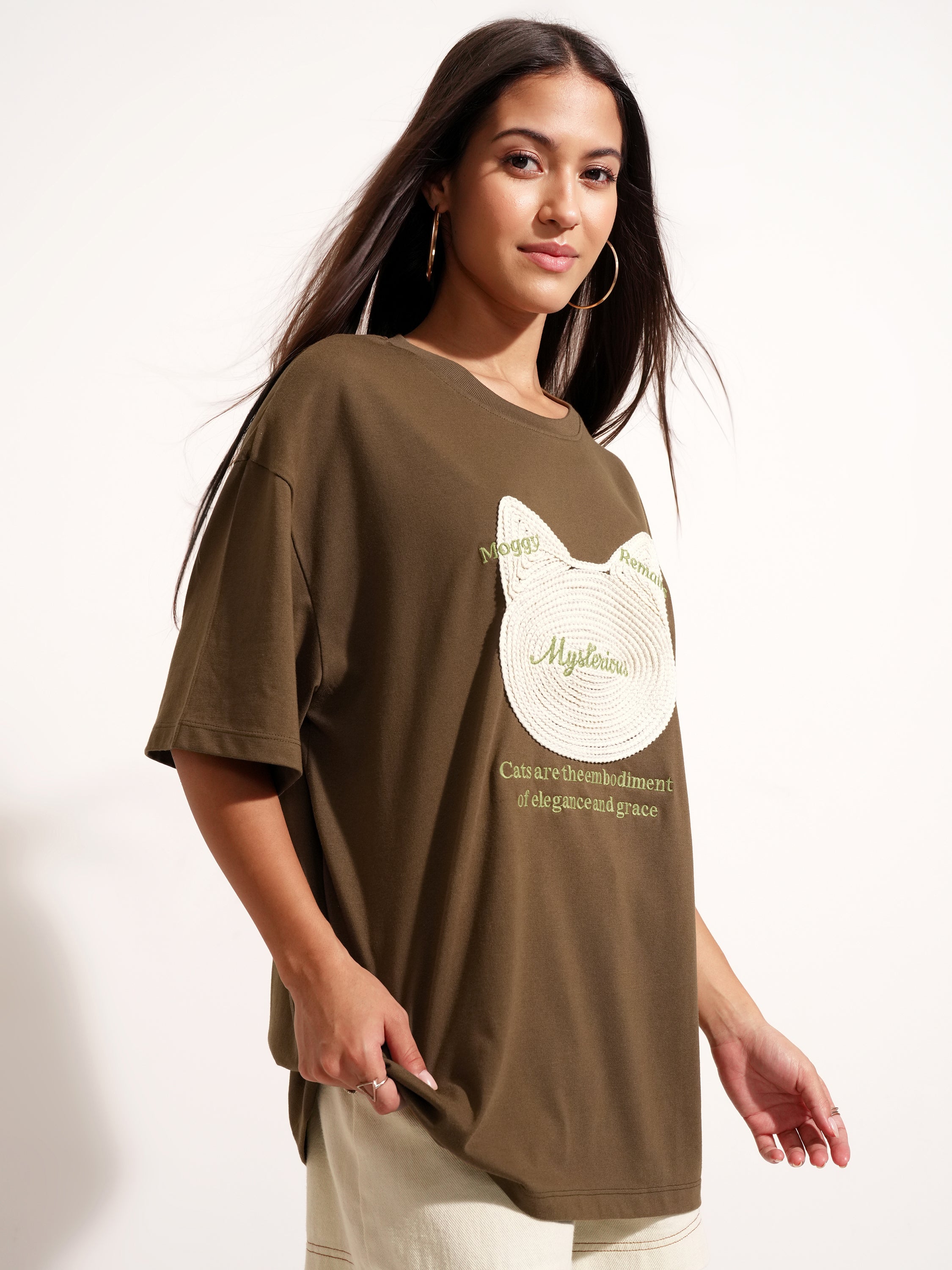 Tokyo Talkies Women Brown Applique Round Neck Oversized Fit T-Shirt - Brown - Image 6
