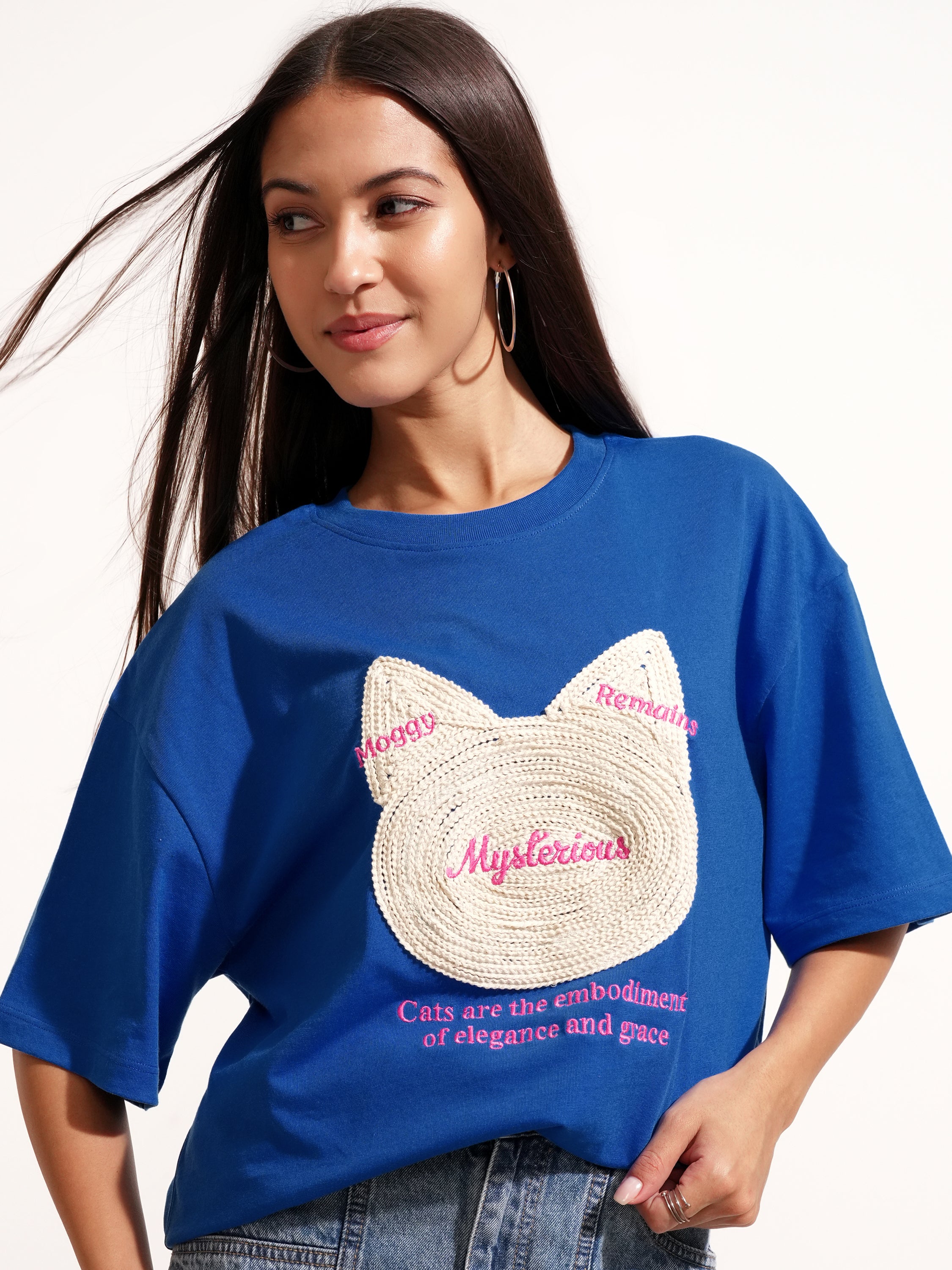 Tokyo Talkies Women Blue Applique Round Neck Oversized Fit T-Shirt - Blue - Image 1