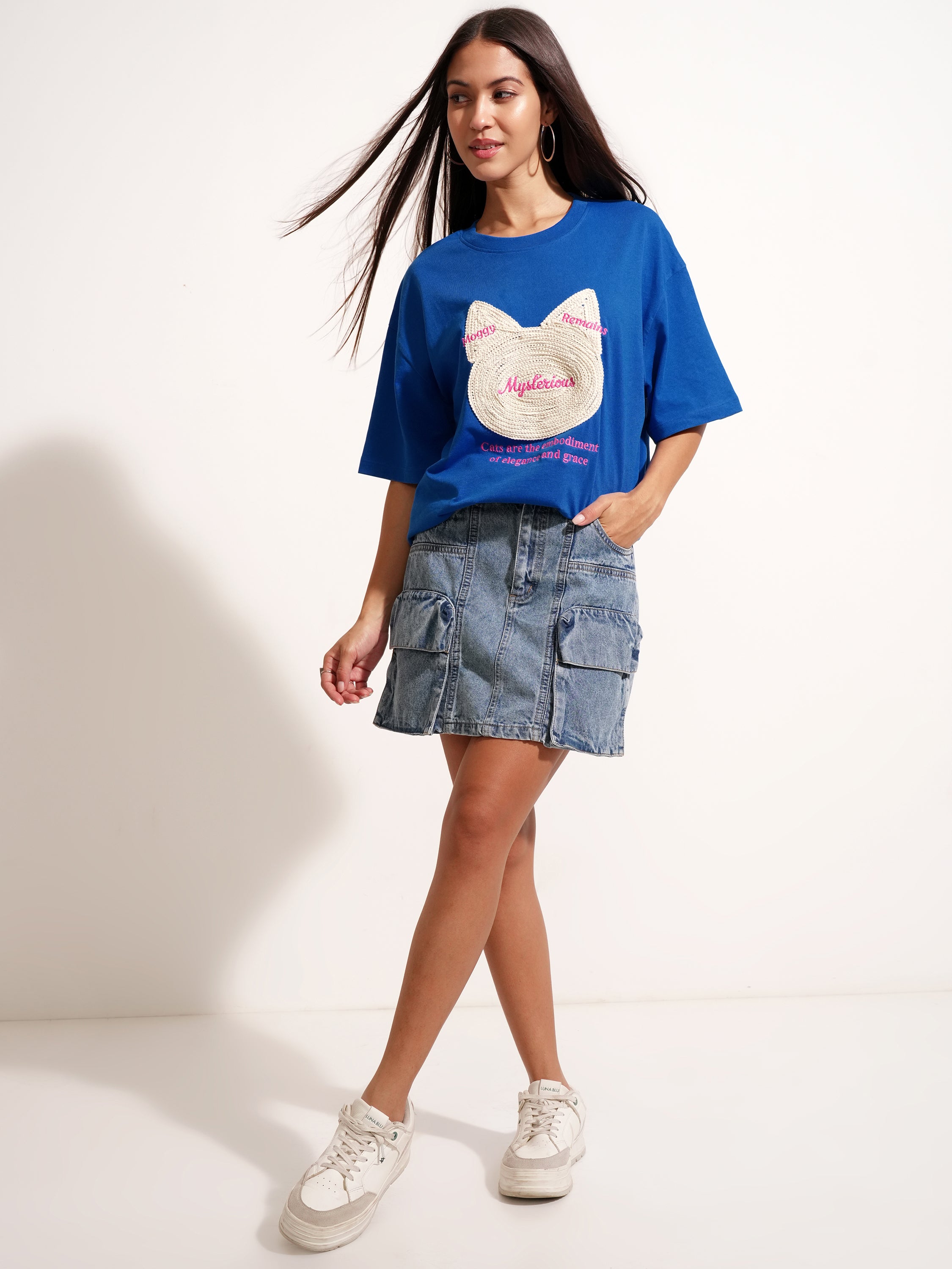 Tokyo Talkies Women Blue Applique Round Neck Oversized Fit T-Shirt - Blue - Image 2