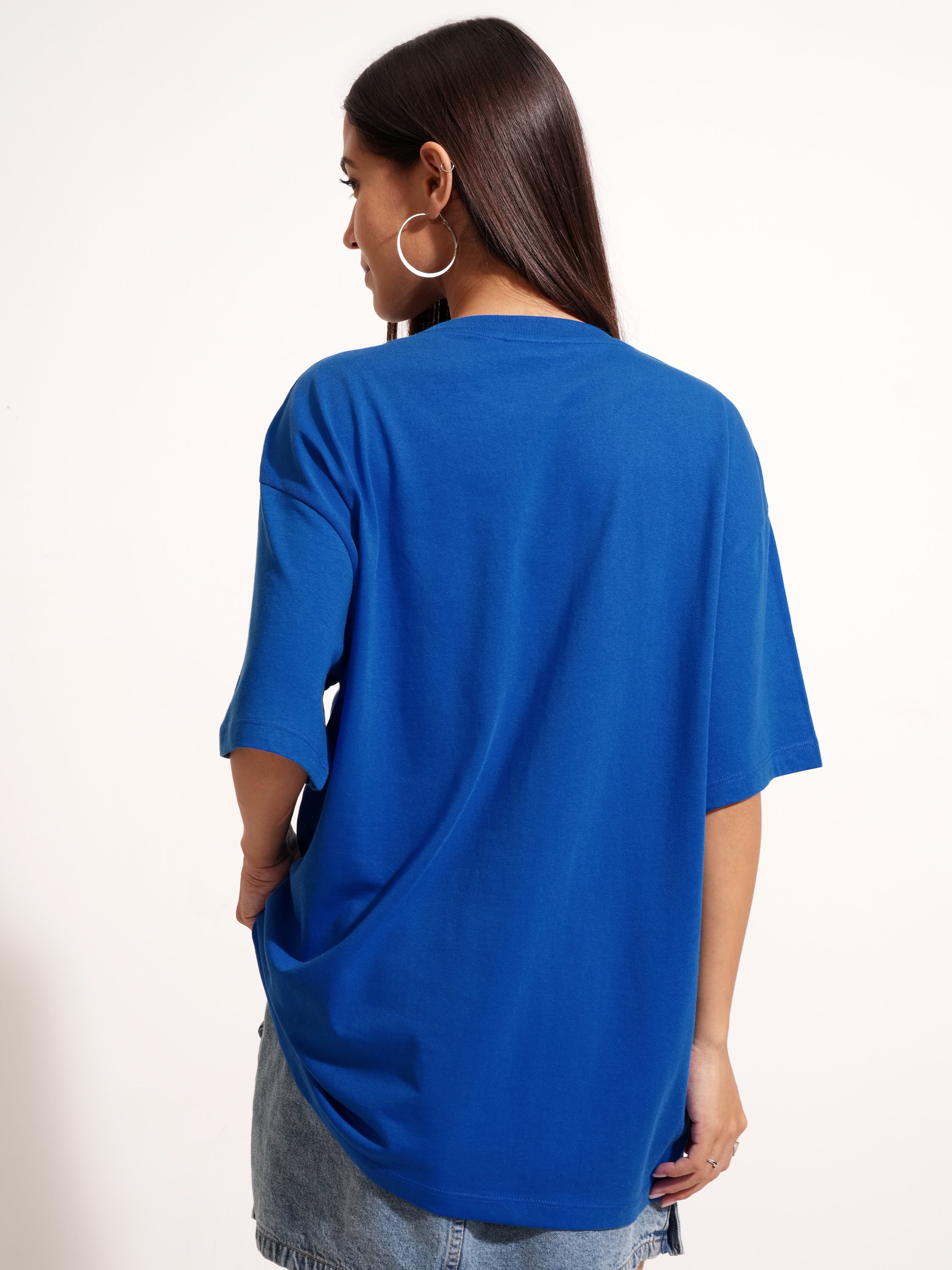 Tokyo Talkies Women Blue Applique Round Neck Oversized Fit T-Shirt - Blue - Image 3