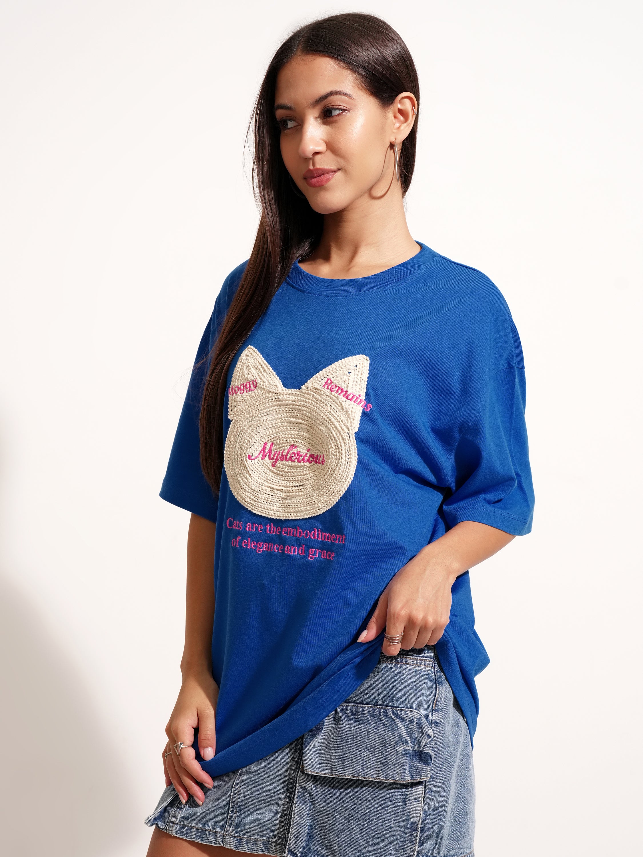 Tokyo Talkies Women Blue Applique Round Neck Oversized Fit T-Shirt - Blue - Image 4