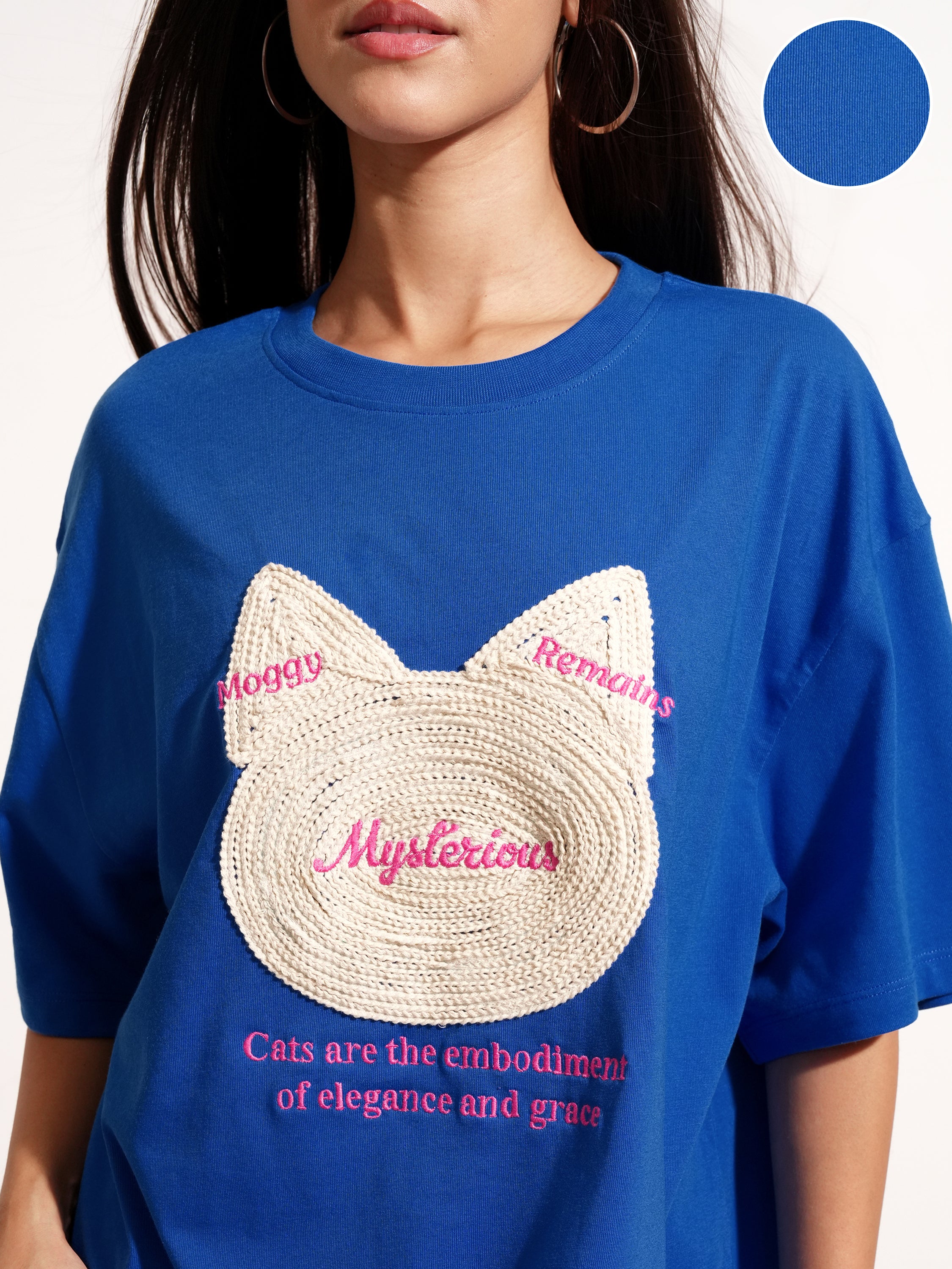 Tokyo Talkies Women Blue Applique Round Neck Oversized Fit T-Shirt - Blue - Image 5