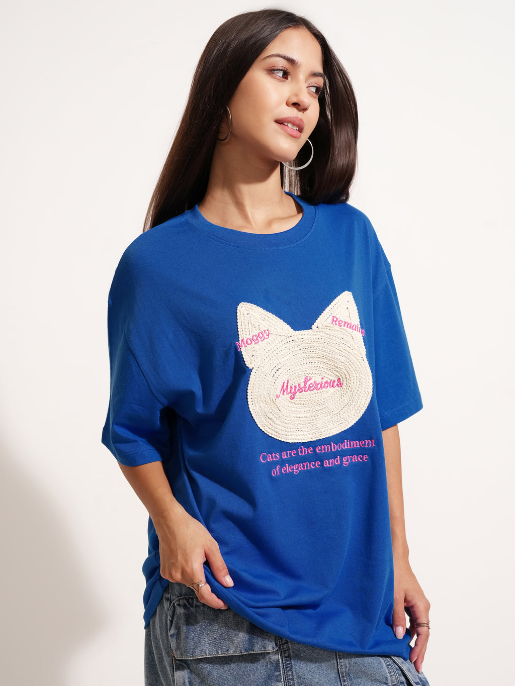 Tokyo Talkies Women Blue Applique Round Neck Oversized Fit T-Shirt - Blue - Image 6